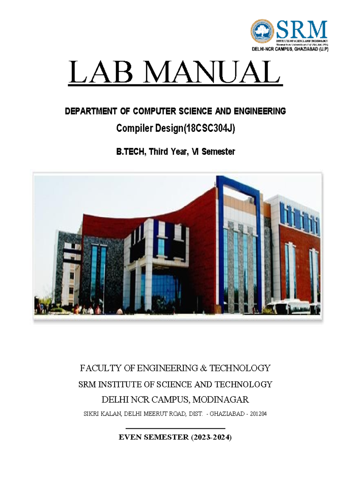 Compiler Design Cover Page - LAB MANUAL DEPARTMENT OF COMPUTER SCIENCE ...