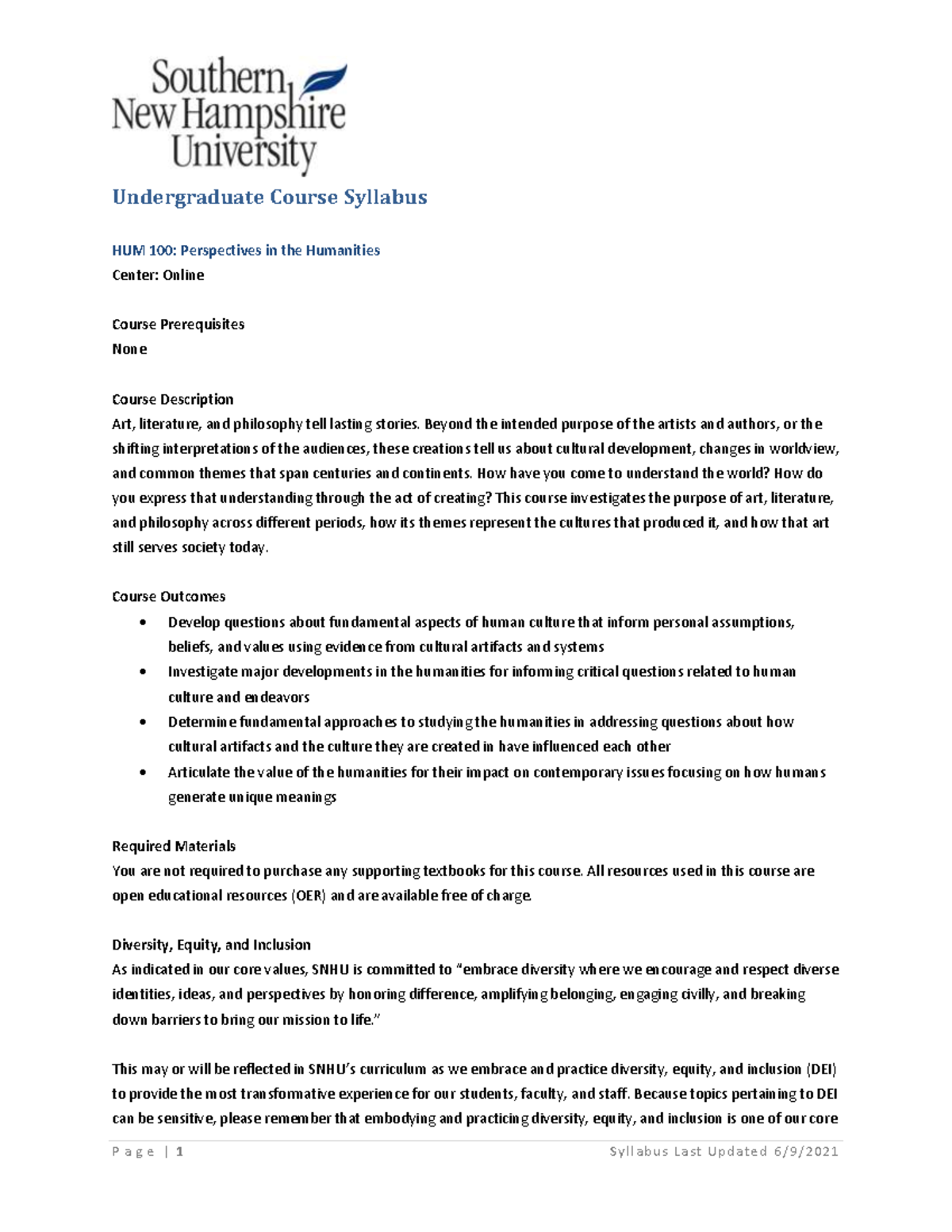 humanities 100 syllabus - Undergraduate Course Syllabus HUM 100 ...