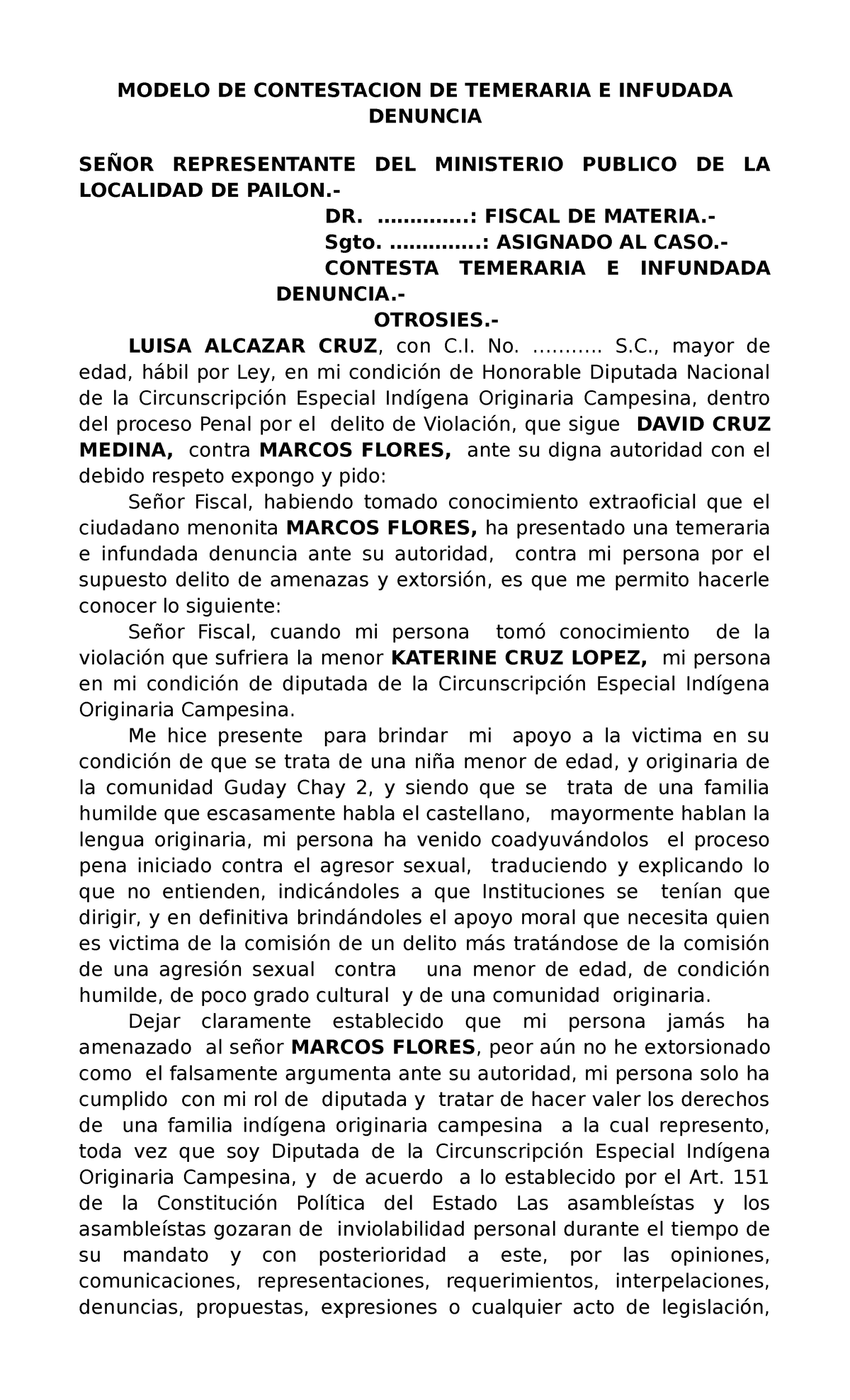 Contestacion DE Temeraria E Infudada Denuncia - MODELO DE CONTESTACION ...