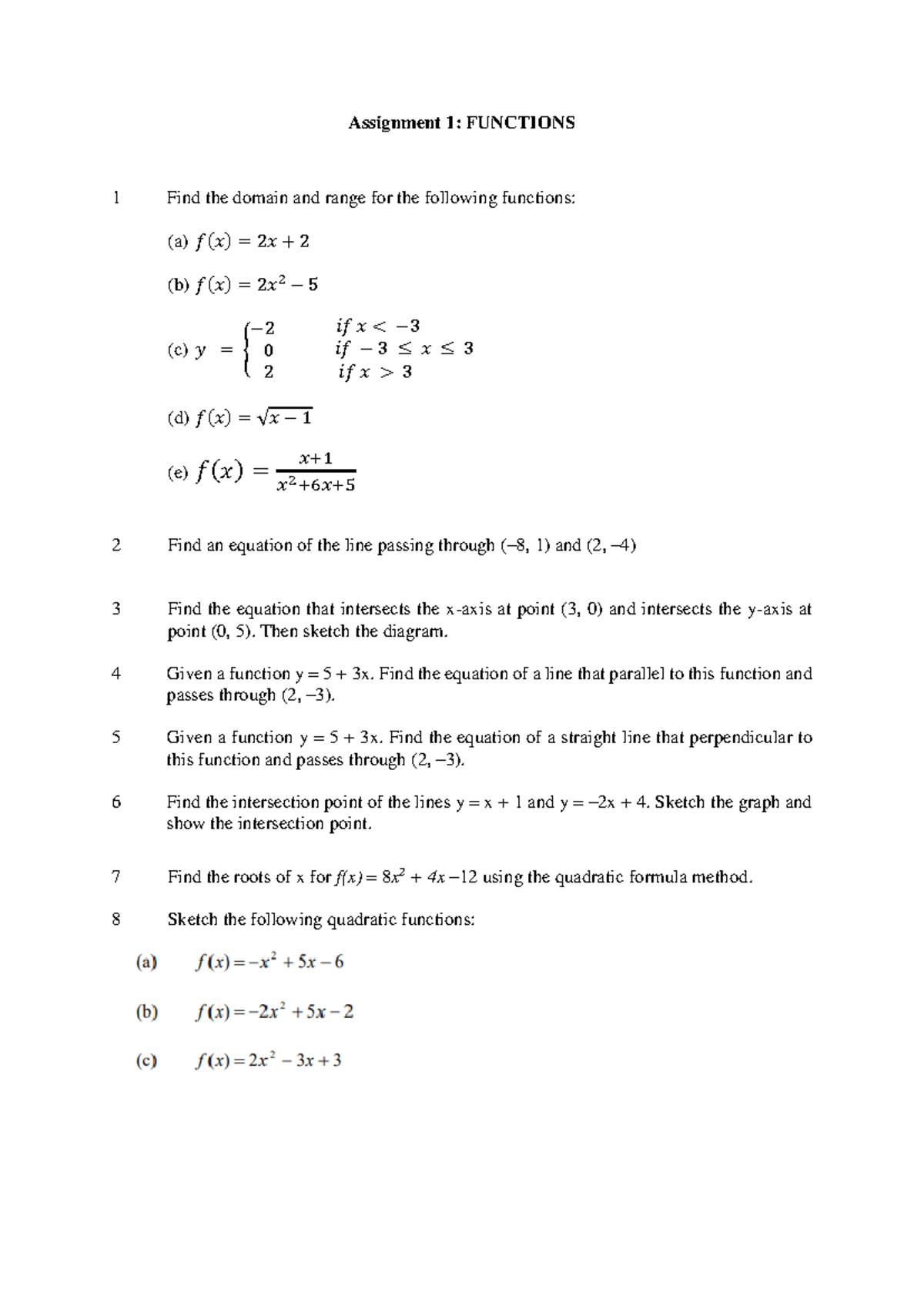 Function - Assignment 1: FUNCTIONS 1 Find the domain and range for the ...