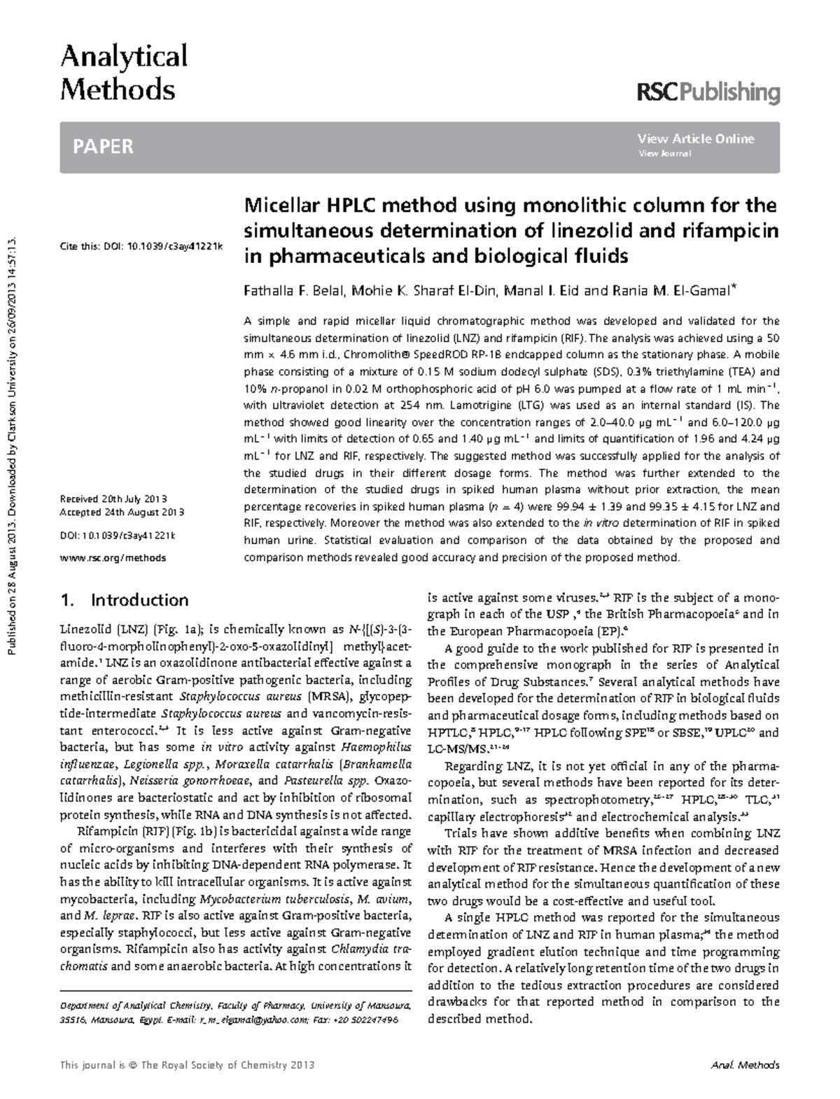 Belal 2013 - Research - Micellar HPLC method using monolithic column ...