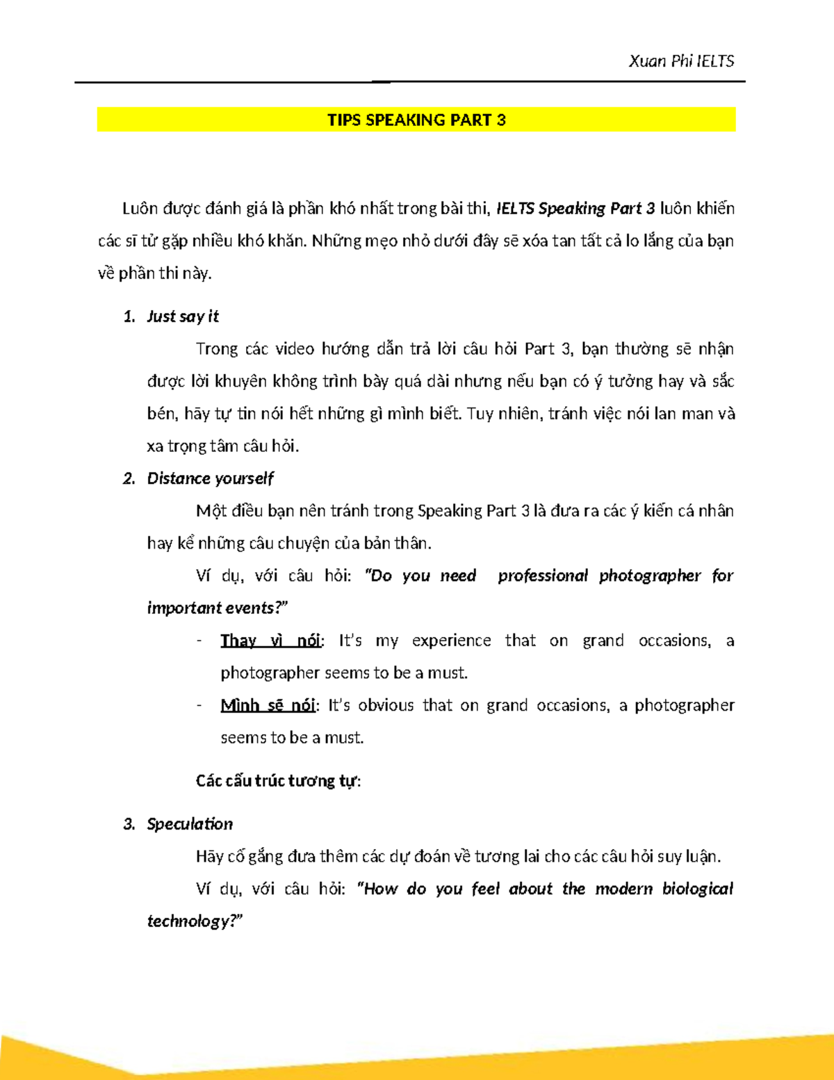 TIPS Speaking PART 3 - Xuan Phi IELTS TIPS SPEAKING PART 3 Luôn được ...