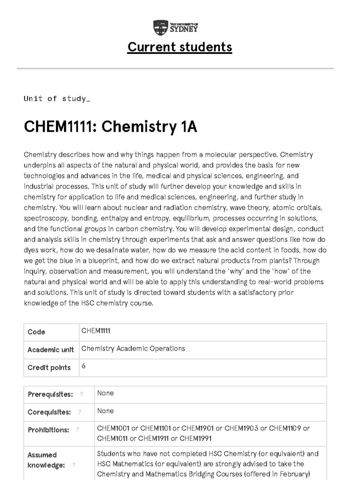 CHEM1111 Chemistry 1A - Unit Of Study_ CHEM1111: Chemistry 1A Chemistry ...