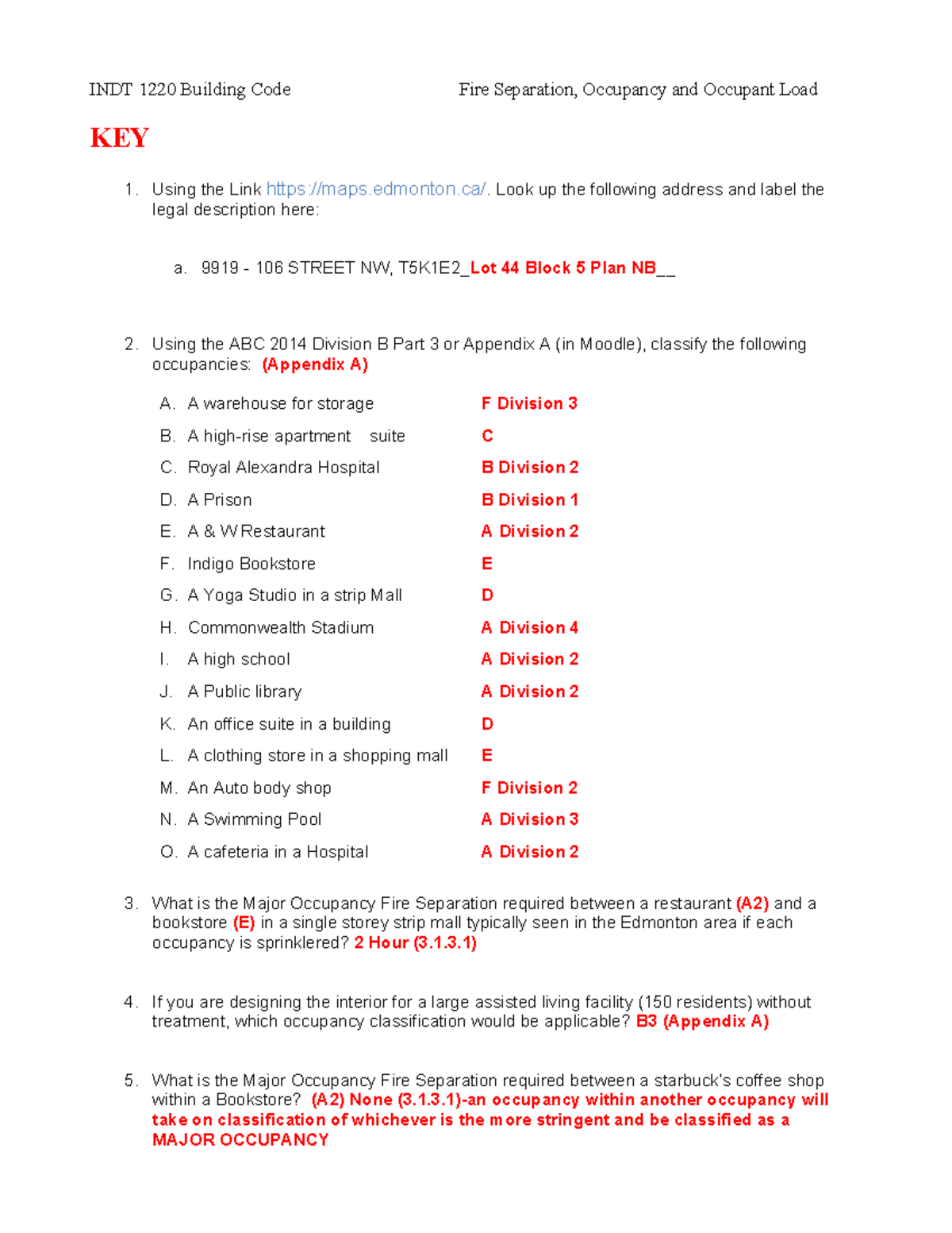 ABC Exercise1KEY Key to Alberta Building Code Practice 1 INDT