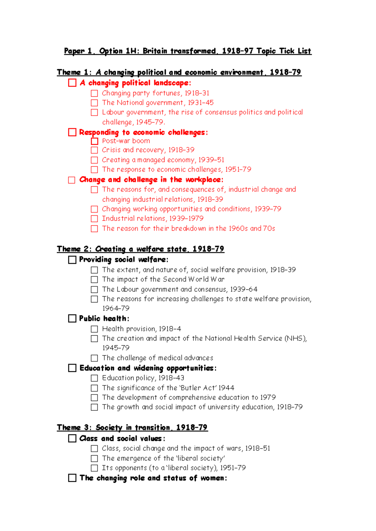 Paper 1 - Topic Tick List - Paper 1, Option 1H: Britain transformed ...