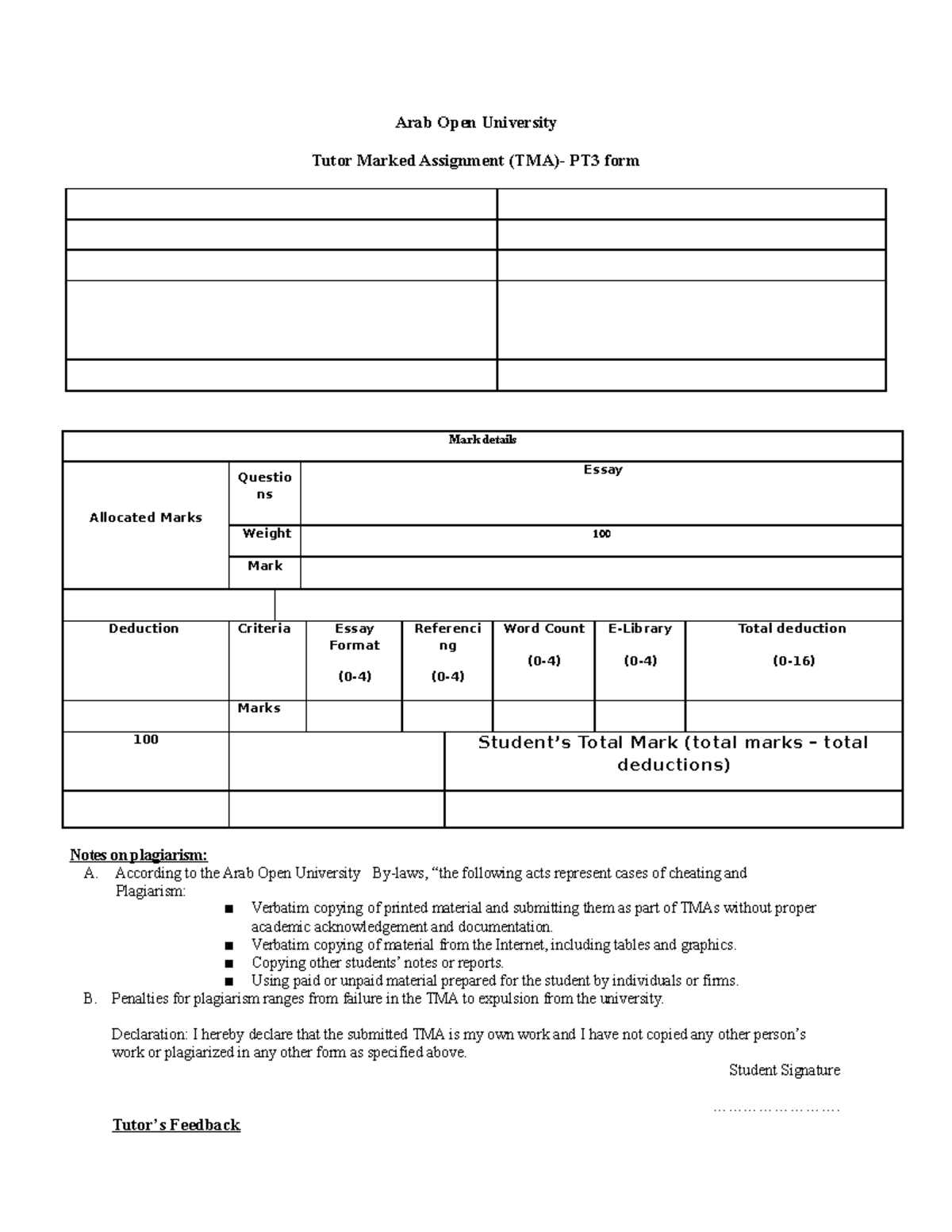 B207A PT3 form Second 2020-2021 - Arab Open University Tutor Marked ...