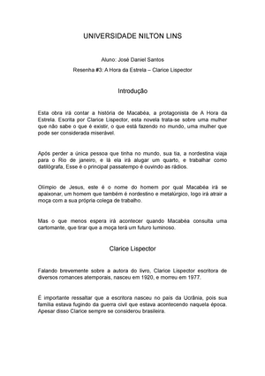 Resenha (03) – A Hora da Estrela - UNIVERSIDADE NILTON LINS Aluno: José  Daniel Santos Resenha #3: A - Studocu