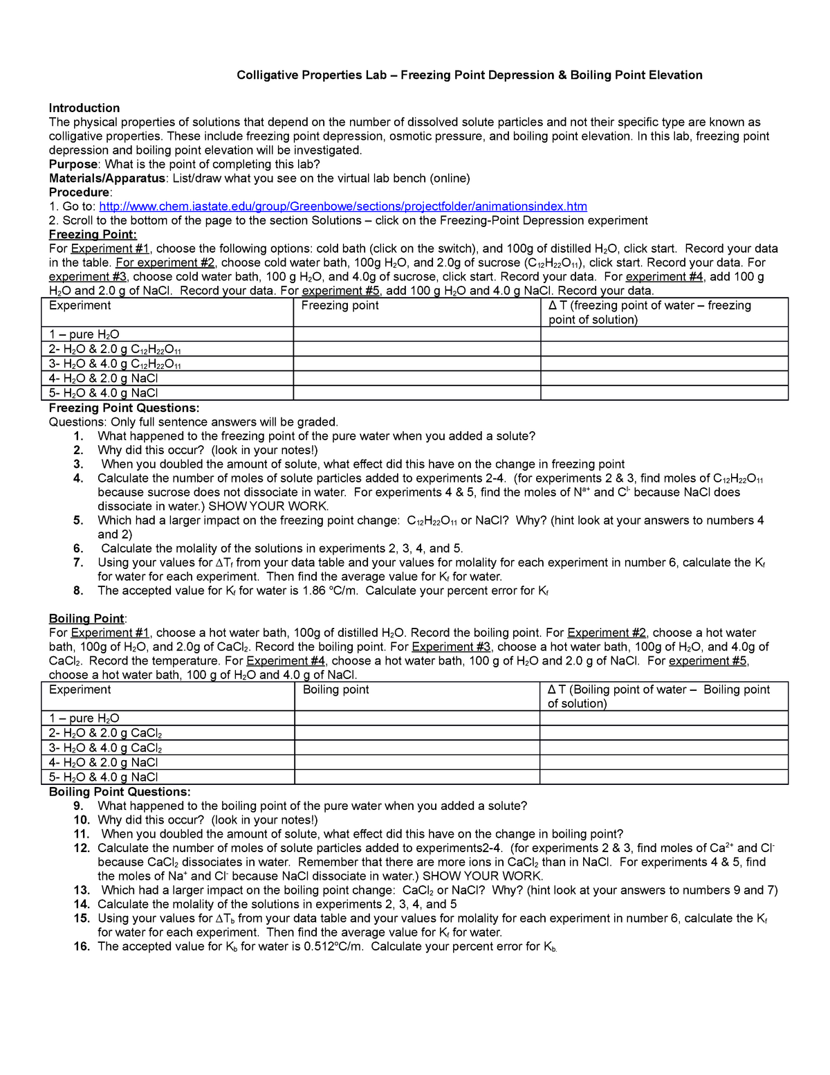 Colligative Properties Lab Online Studocu