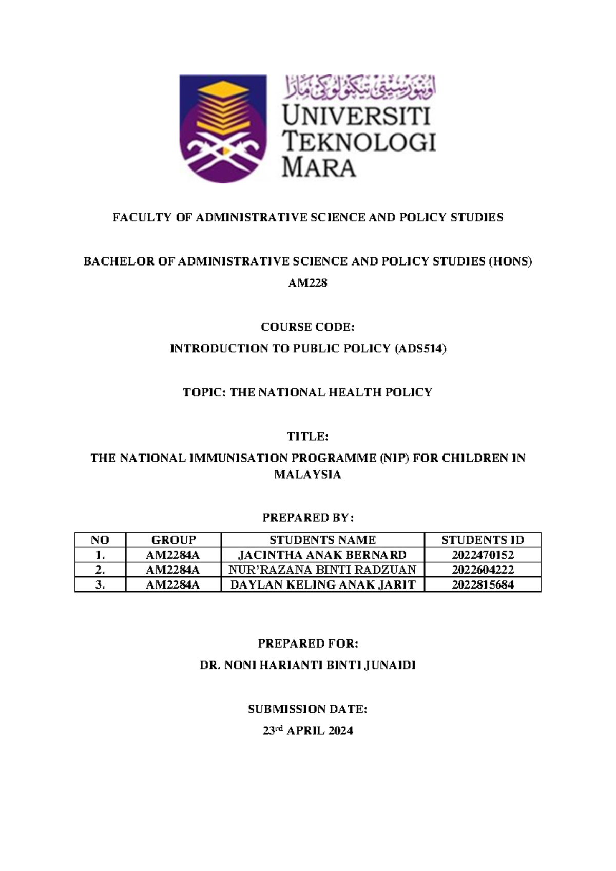 National Immunization Program for Children in Malaysia FACULTY OF