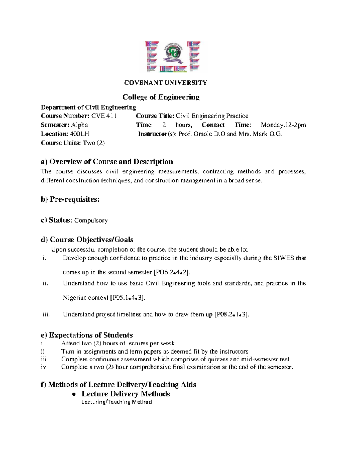 course-learning-outcome-for-cve-411-covenant-university-college-of