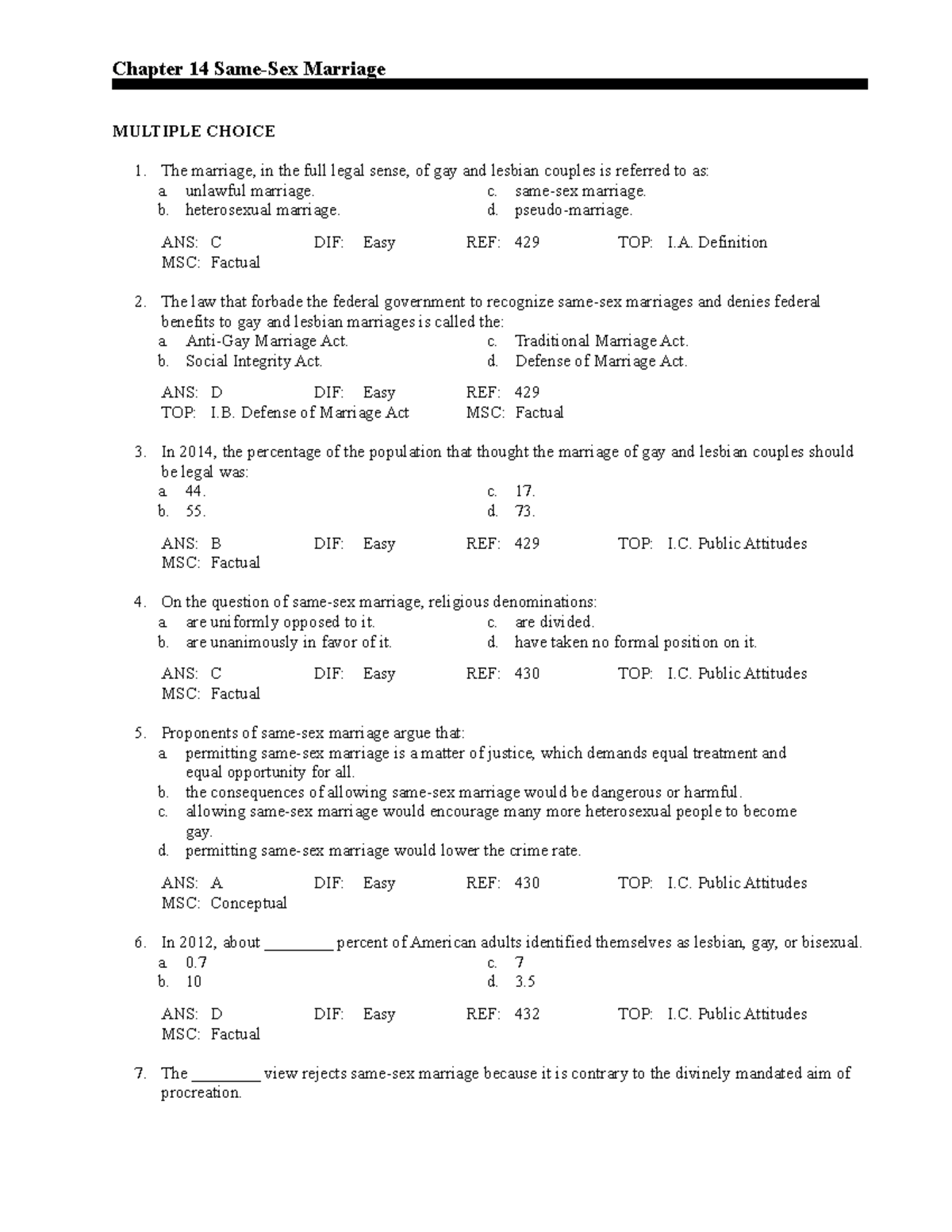 Ch14 - Same Sex Marriage - Chapter 14 Same-Sex Marriage MULTIPLE CHOICE ...