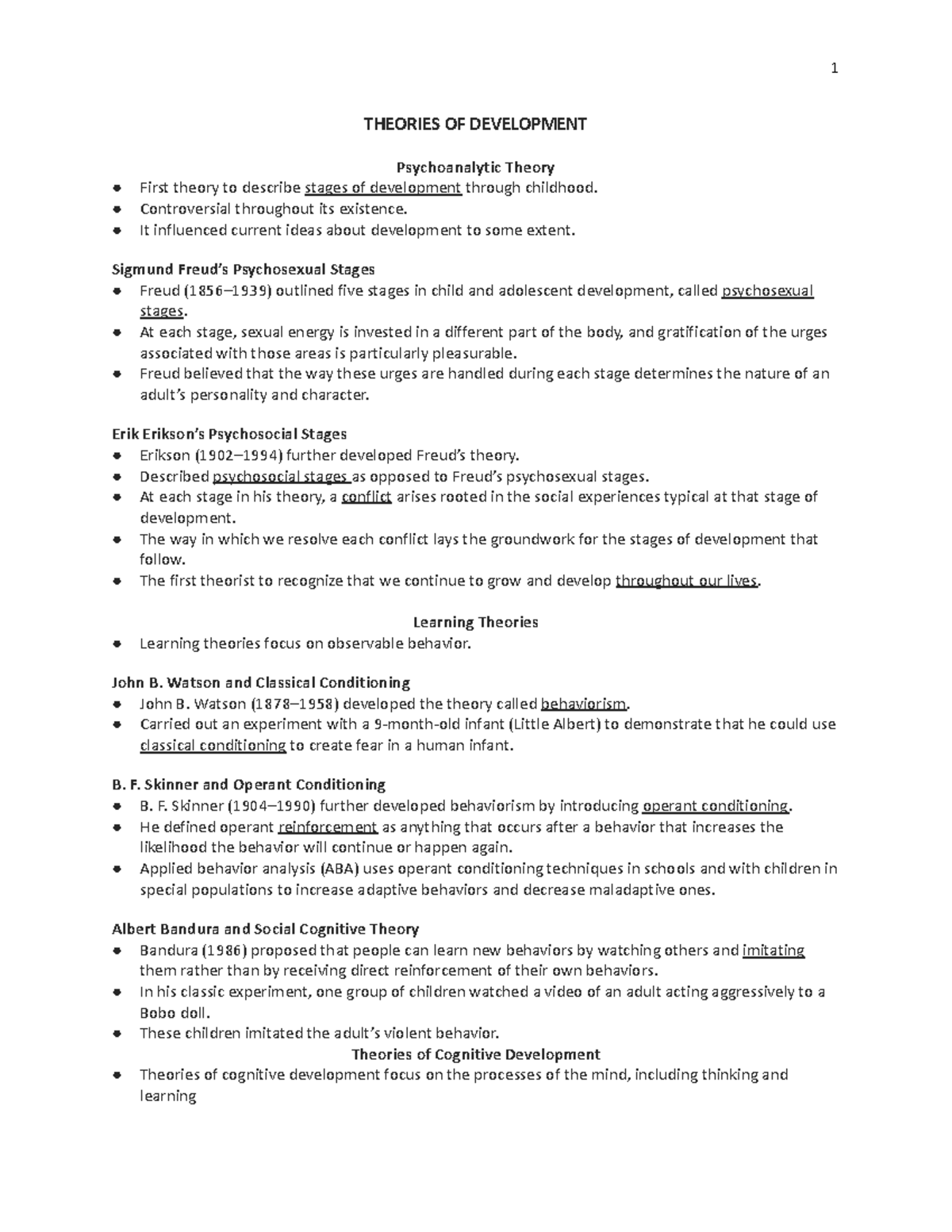 Psychology exam study guide - THEORIES OF DEVELOPMENT Psychoanalytic ...