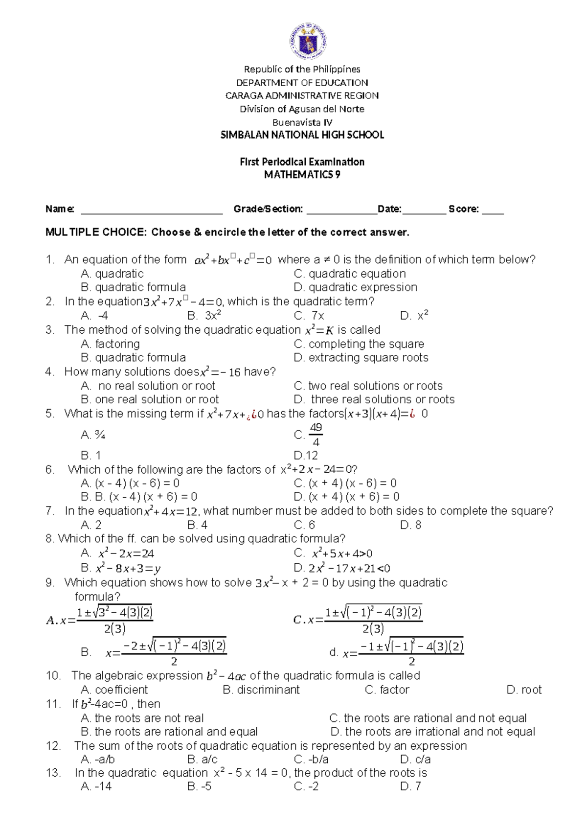 G9 Q1 Formative Test - Quarter 1 exam in Math 9 - Republic of the ...