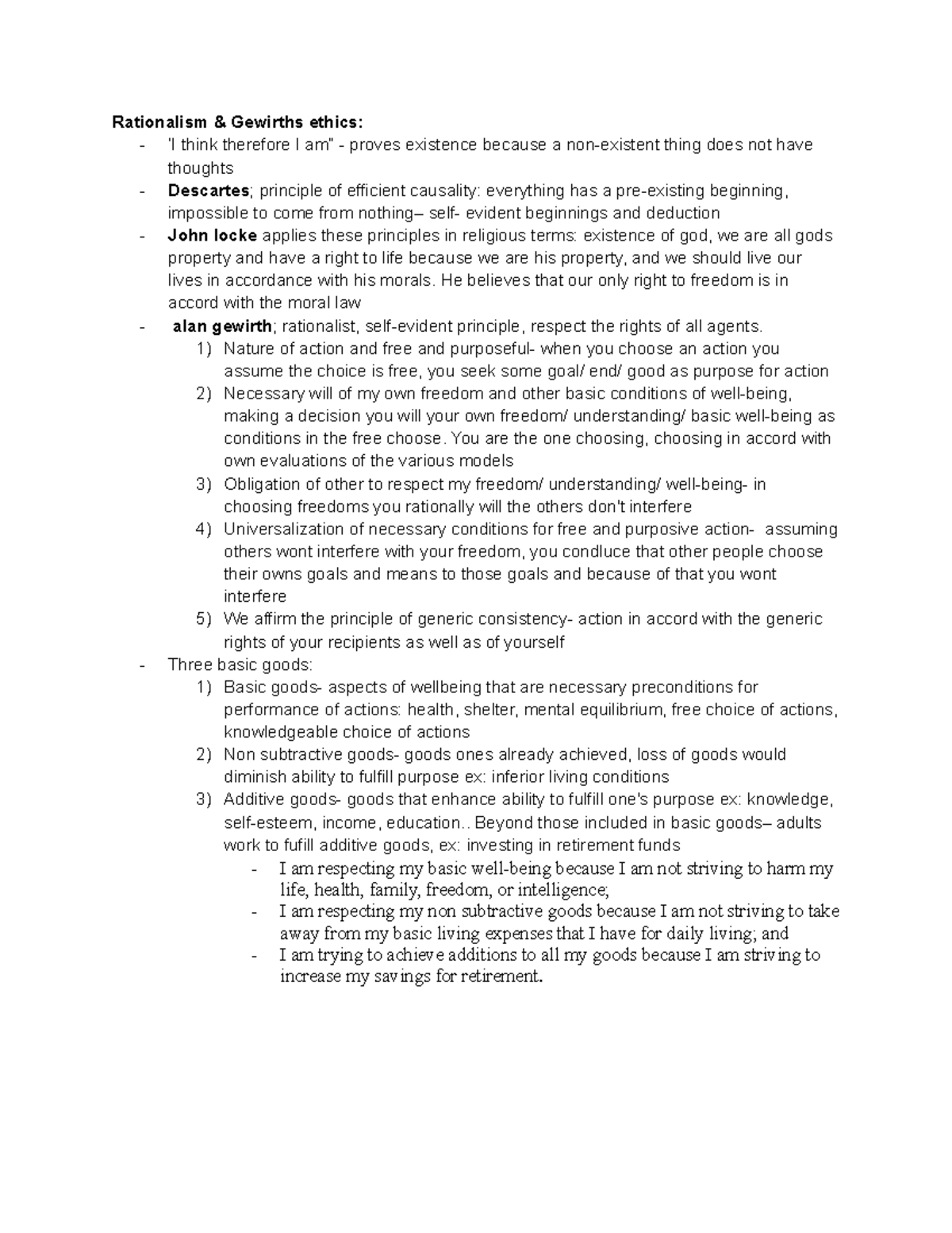 Phil 101 Final Exam Study Guide - Rationalism & Gewirths Ethics: - ‘I ...