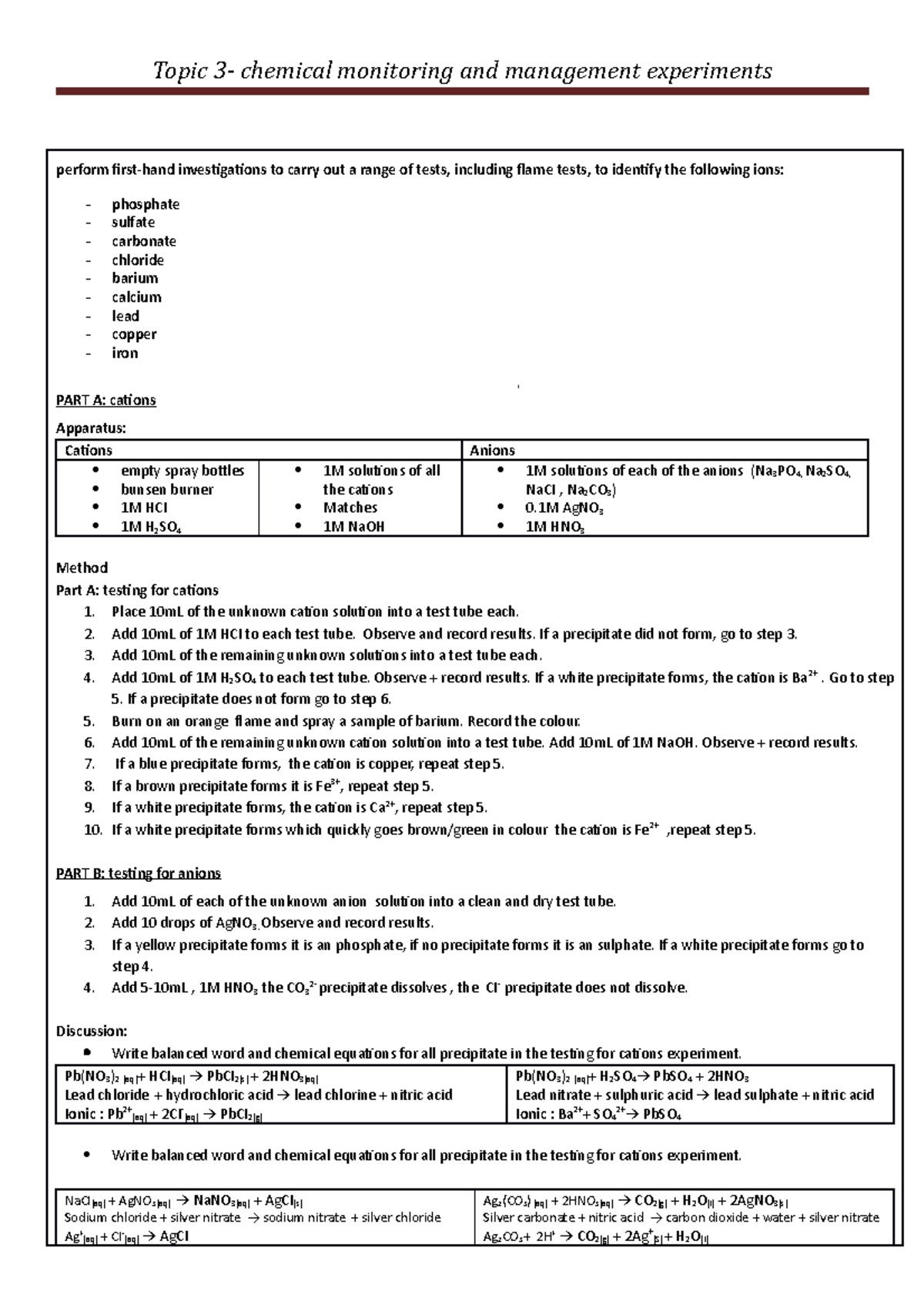 Topic 3 experiments summarised - Topic 3- chemical monitoring and ...