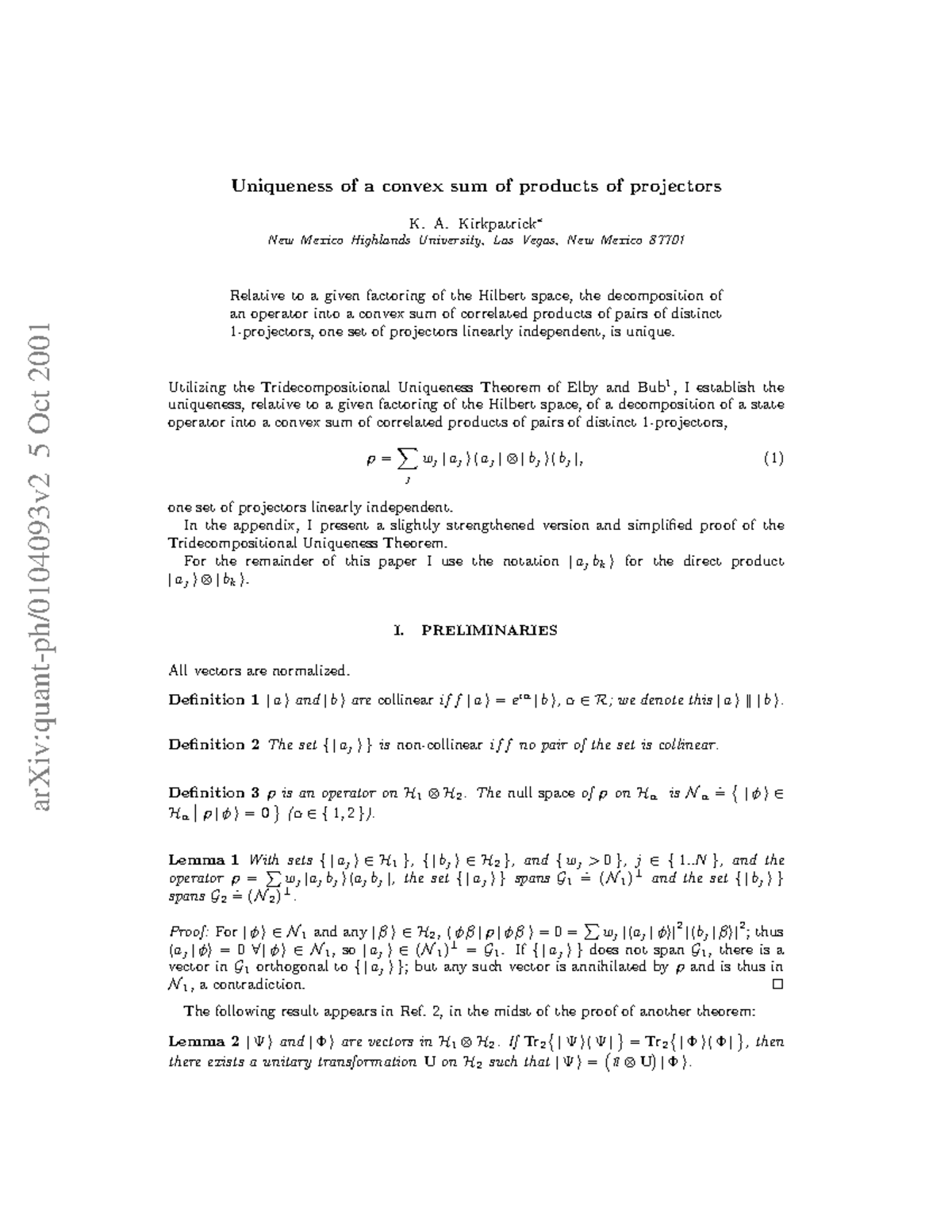 0104093 - Cours - ArXiv:quant-ph/0104093v2 5 Oct 2001 Uniqueness Of A ...