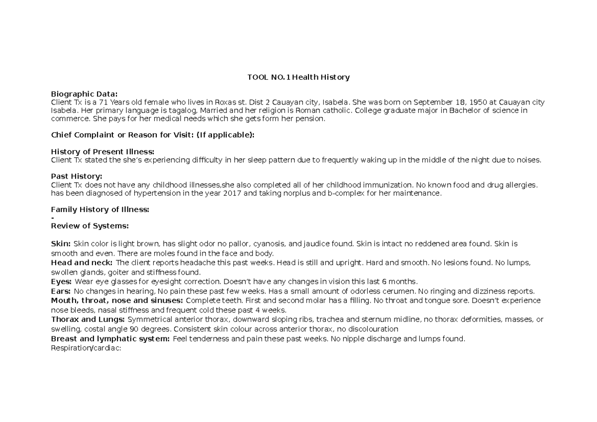 Gordons fuctional pattern - TOOL NO Health History Biographic Data ...