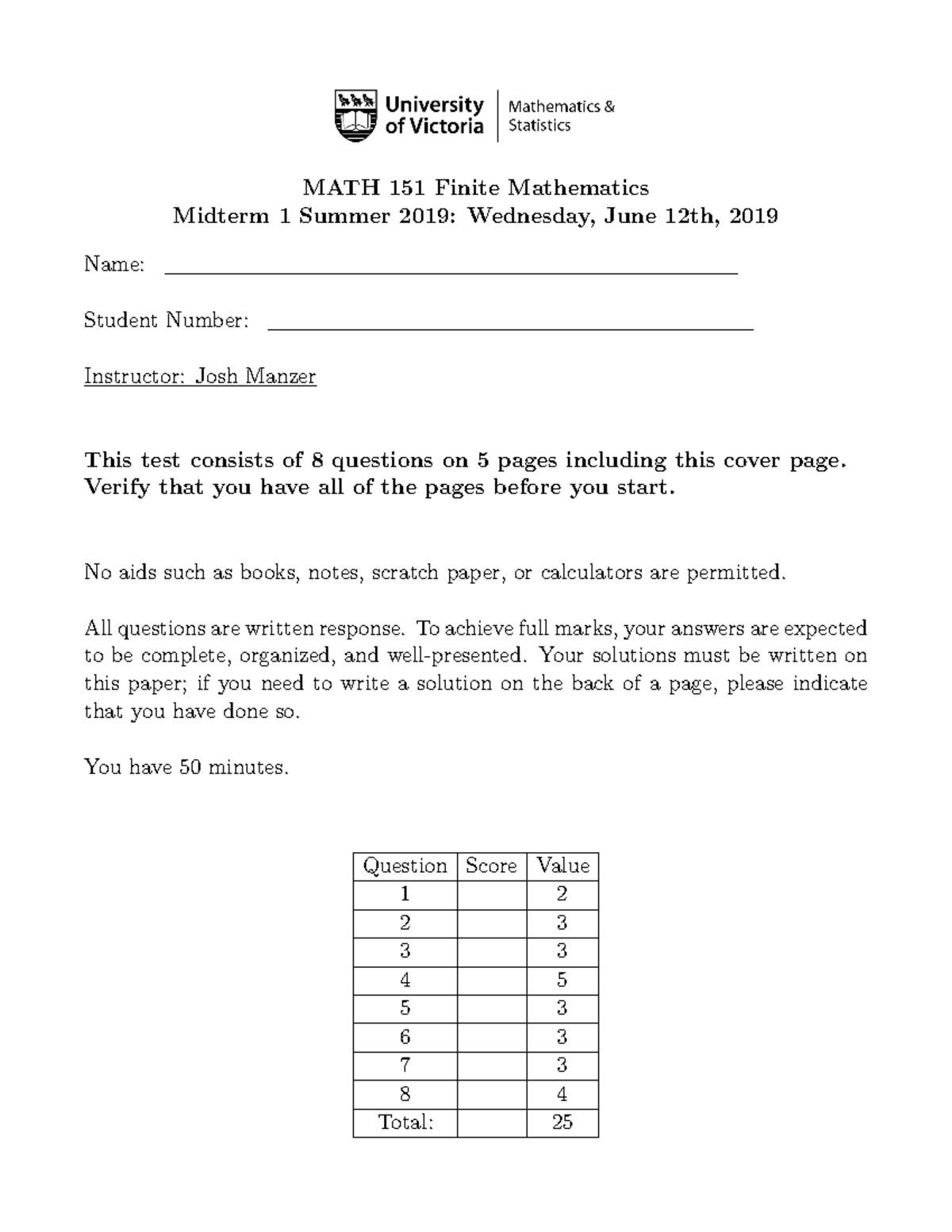 Midterm 1 12 June Summer 2019, questions - MATH 151 Finite Mathematics ...