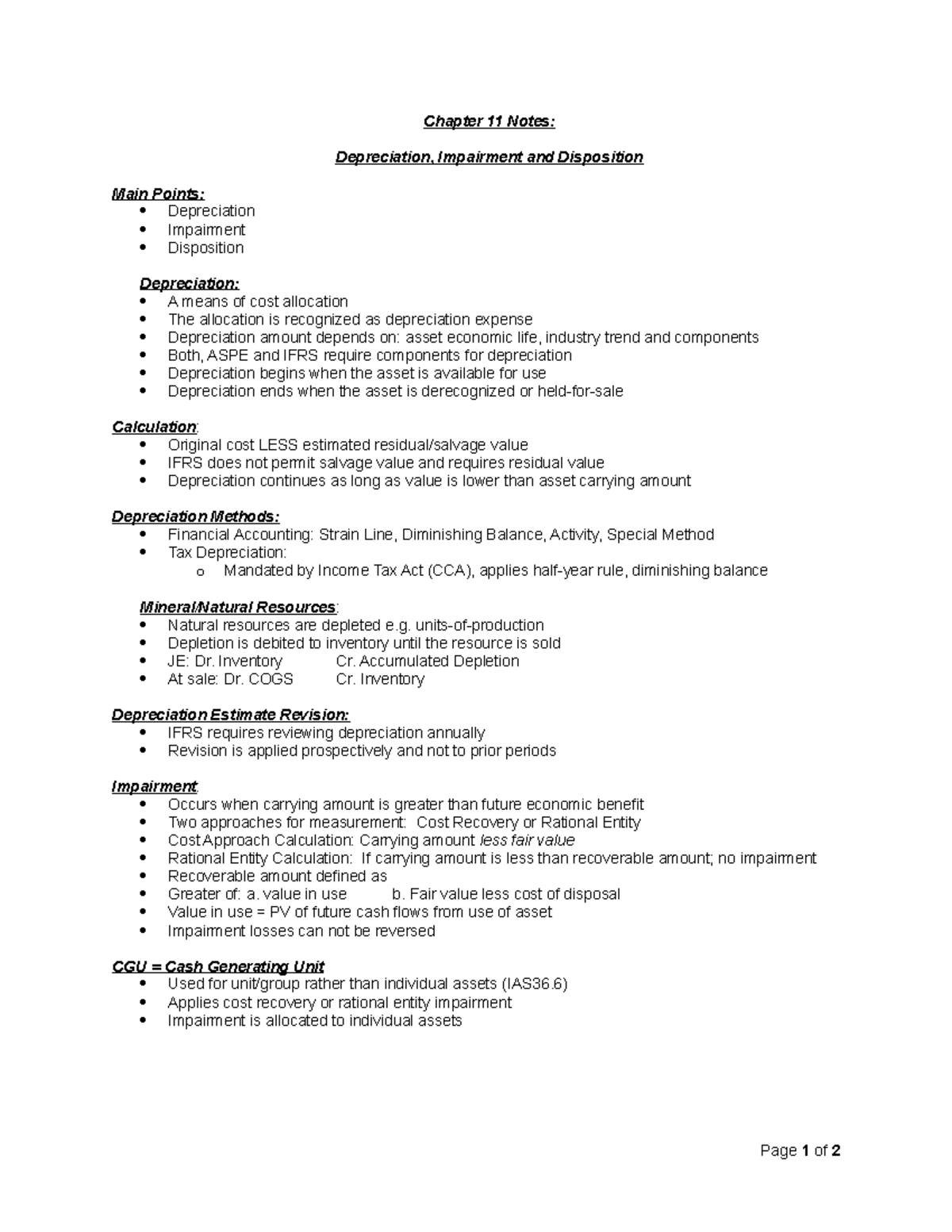 ACCT71250 Chapter 11 Summary Notes - Chapter 11 Notes: Depreciation ...
