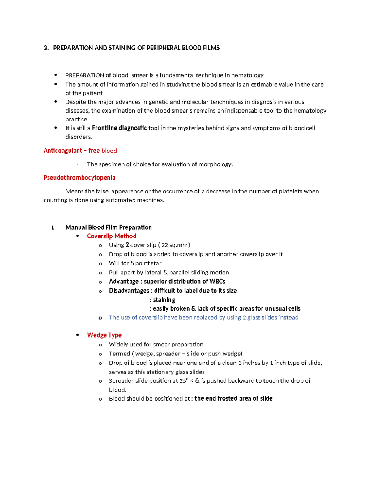 HEMA Notes 3 & 4 - Hema - 3. PREPARATION AND STAINING OF PERIPHERAL ...