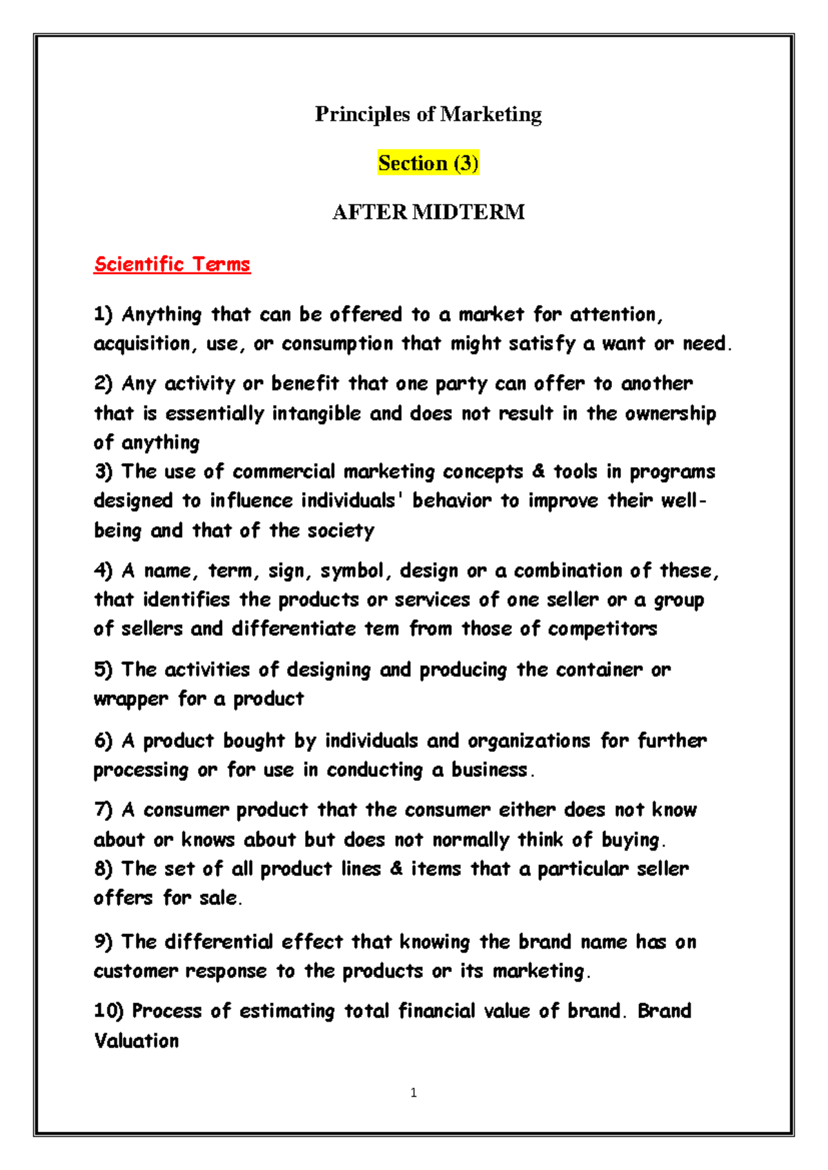 NOTES MARKETING CHAPTER ONE - Principles of Marketing Section ( 3 ...