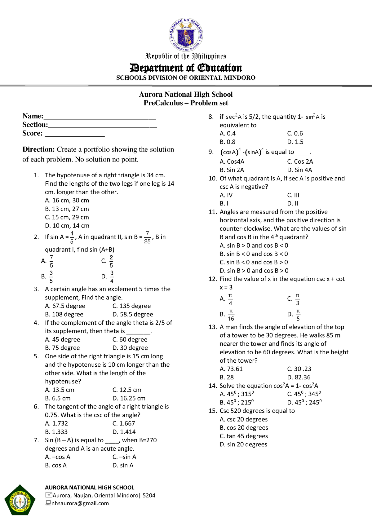 Problem set pre calc - For reviewer - Republic of the Philippines ...