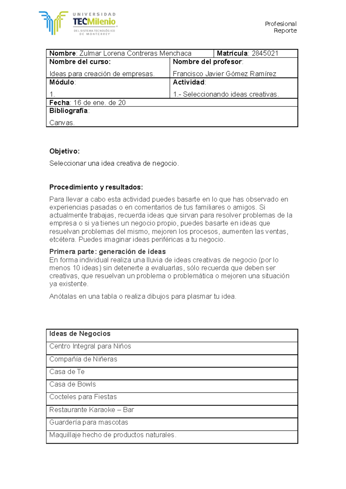 Actividad 1. ideas para la creacion de negocios - Reporte Nombre ...