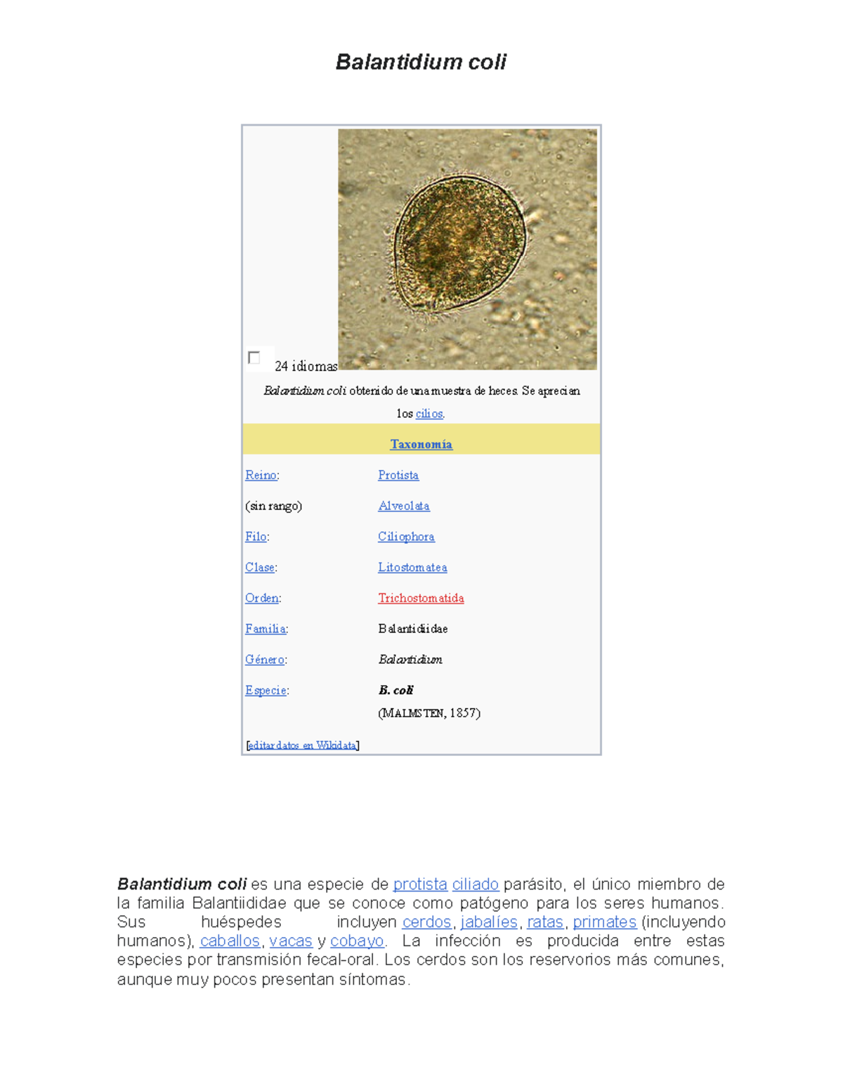 Balandidium coli - parasitosis - Parasitología I - UCV - Studocu