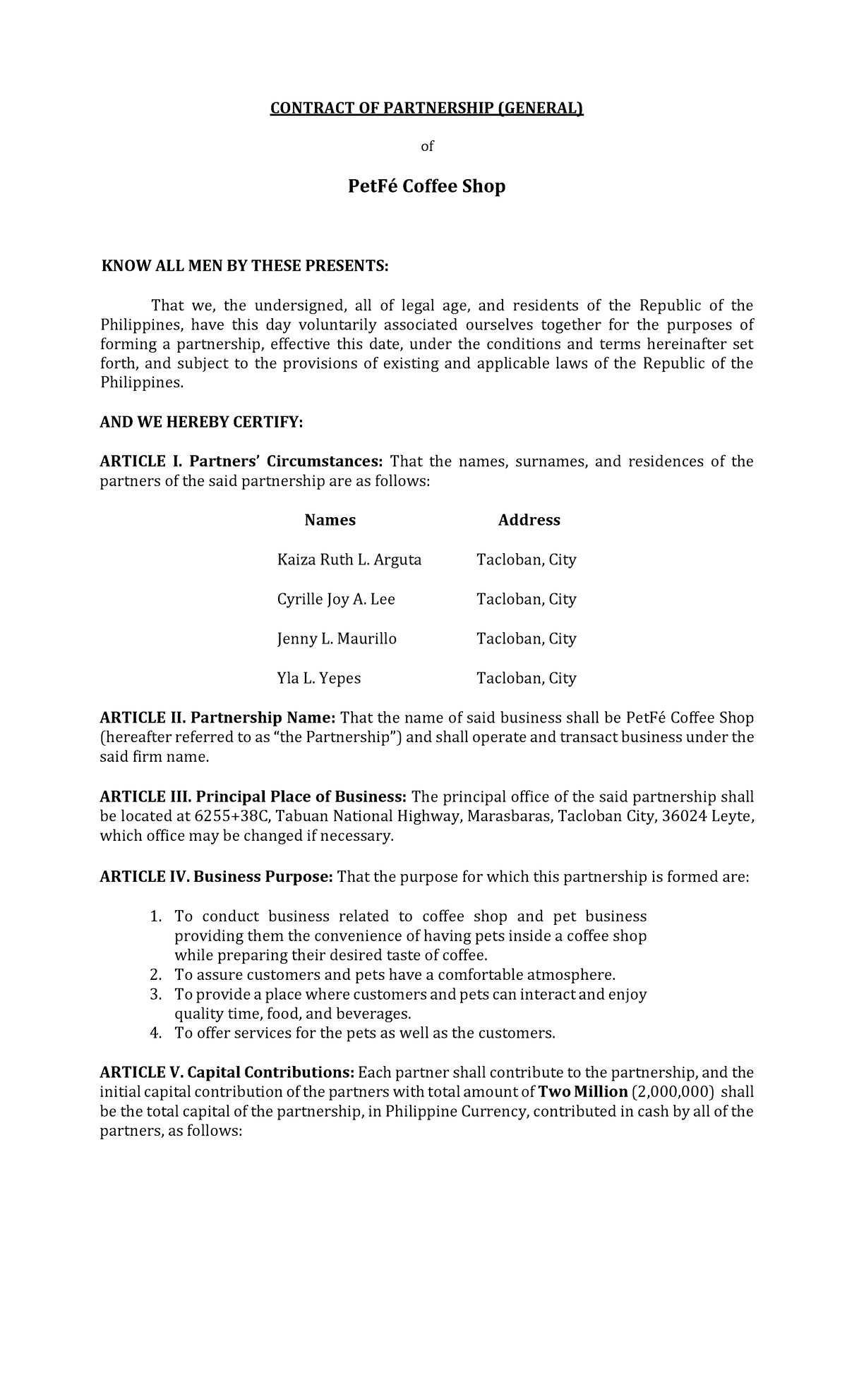 Articles OF Partnership AND Notarial Acknowledgment (2023) - CONTRACT ...