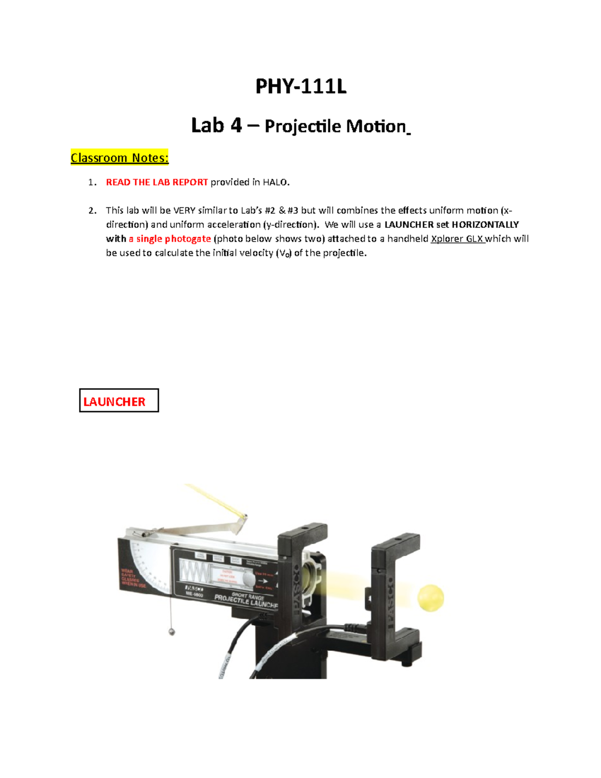 PHY-111L Class Notes - Lab 4 Projectile Motion - PHY-111L Lab 4 ...