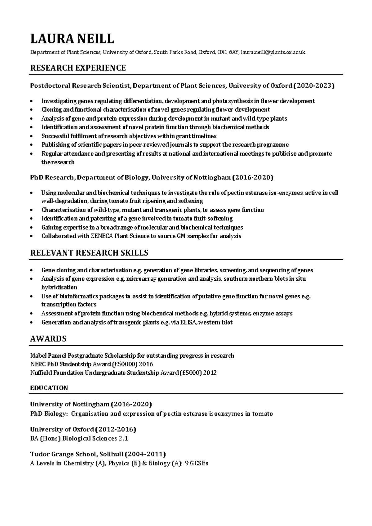 Academic-cv-example-careers - LAURA NEILL Department of Plant Sciences ...