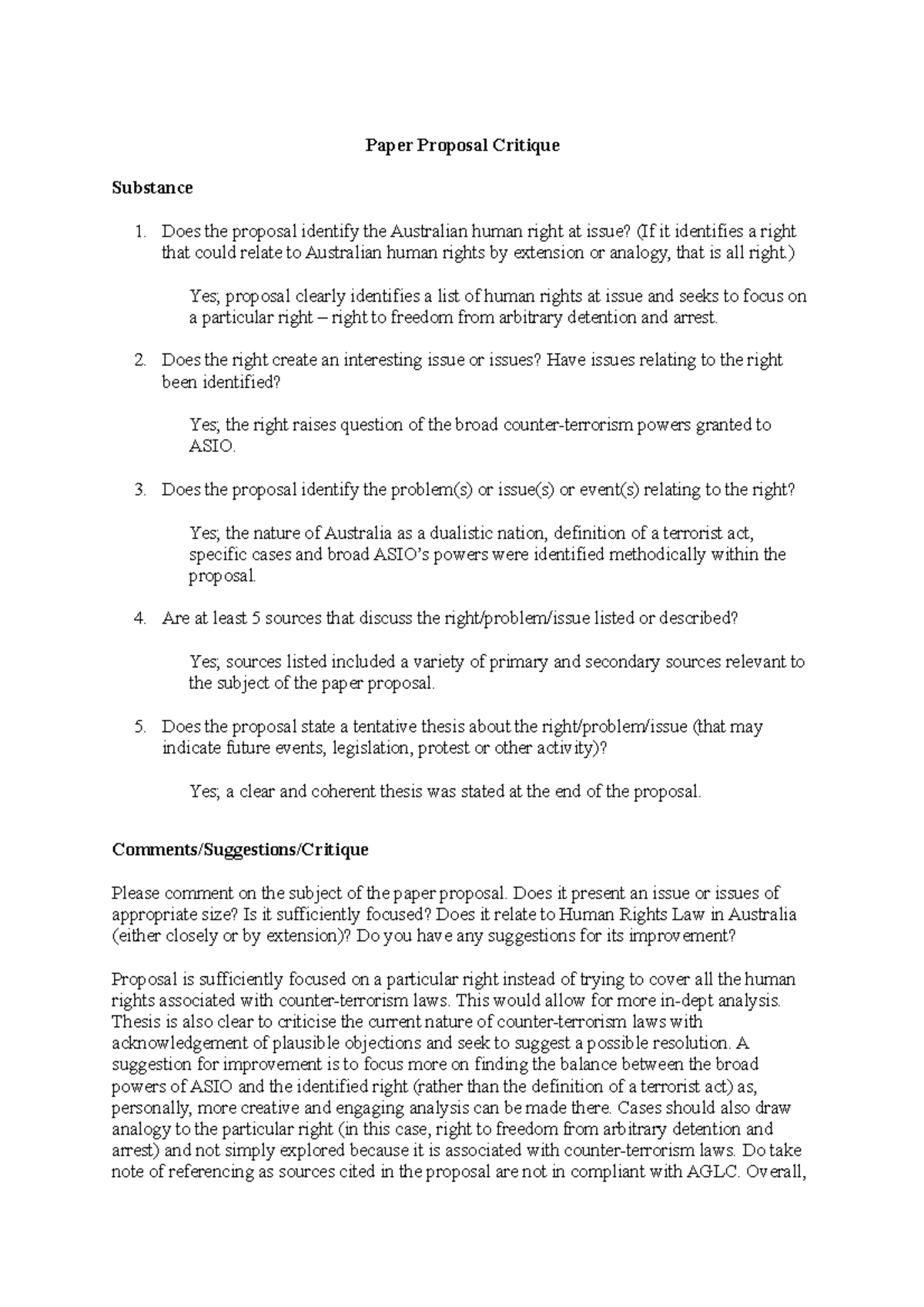 Paper Proposal Critique - Paper Proposal Critique Substance Does the ...