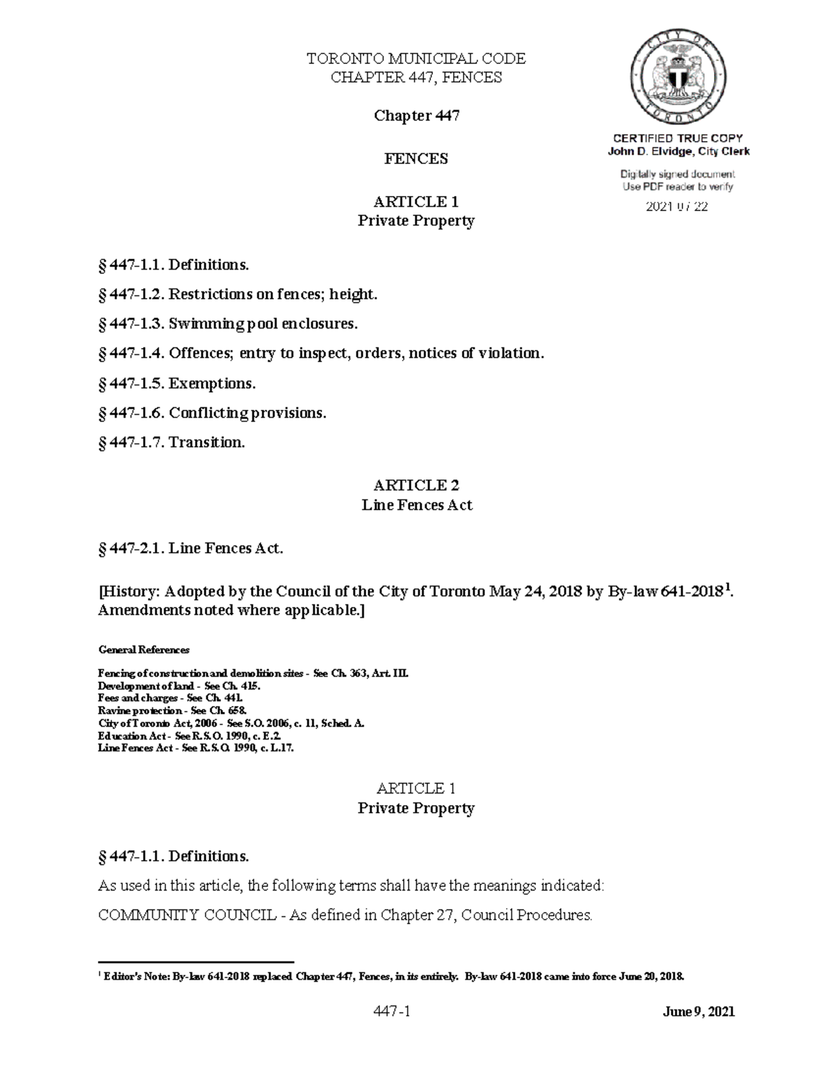 Toronto fence bylaw CHAPTER 447, FENCES Chapter 447 FENCES ARTICLE 1