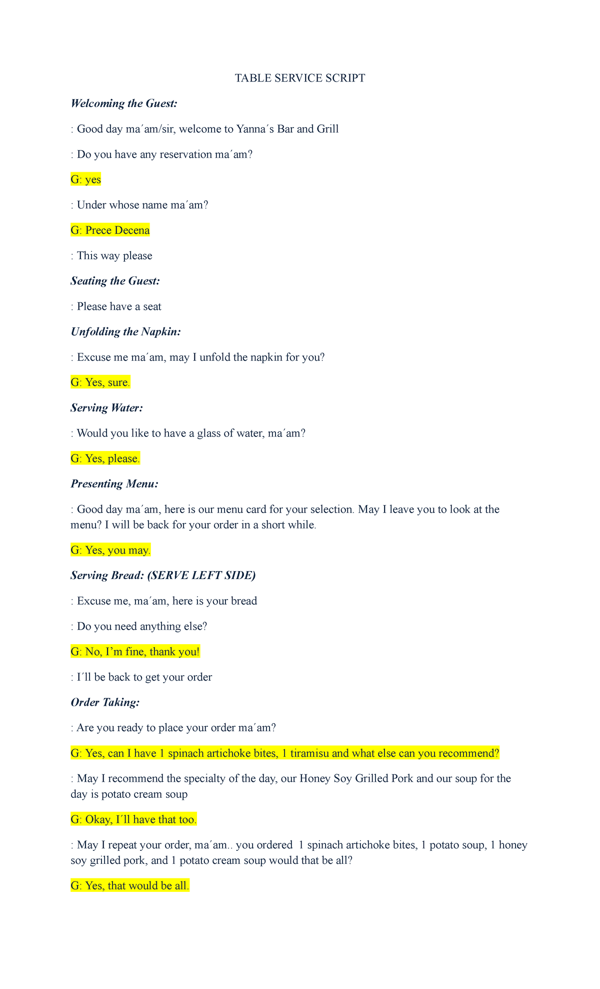 Table Service Script Of Guest WRFWEGWEGR ERGR Bachelor Of Science In 