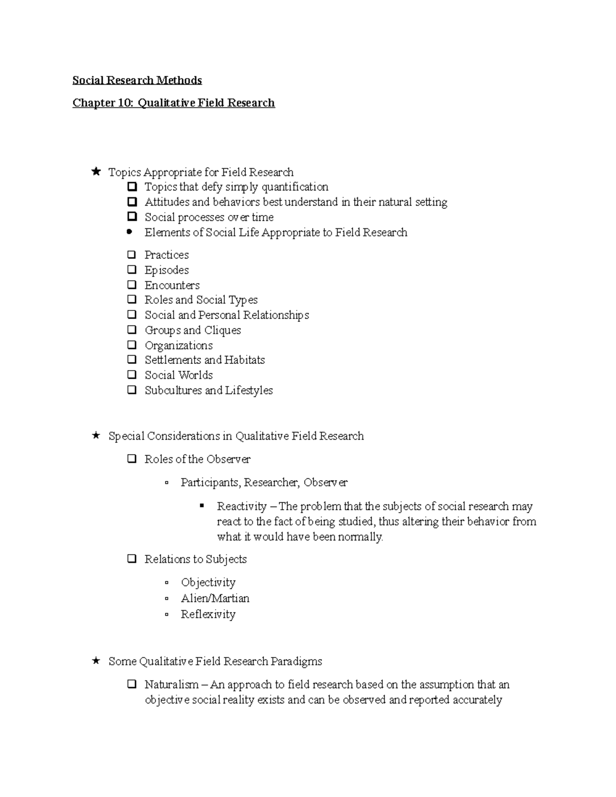 Social Research Methods Chapter 10 Qualitative Field Research ...