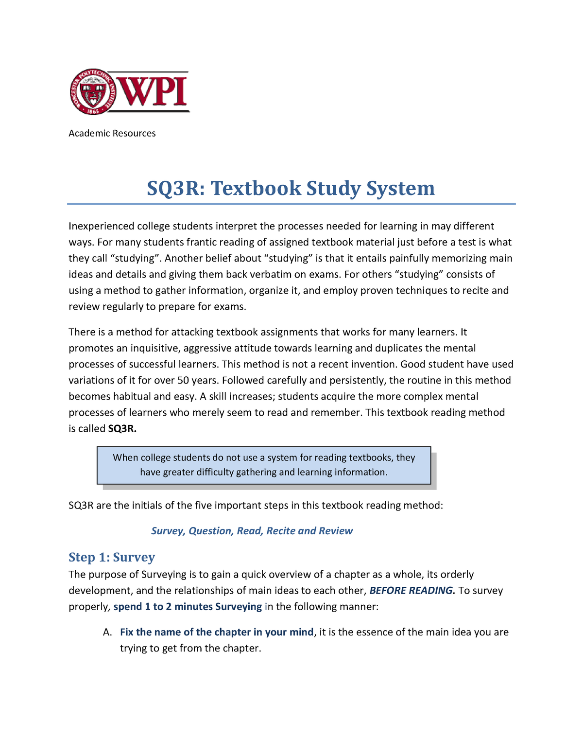 SQ3R Textbook Study System - Academic Resources SQ3R: Textbook Study ...