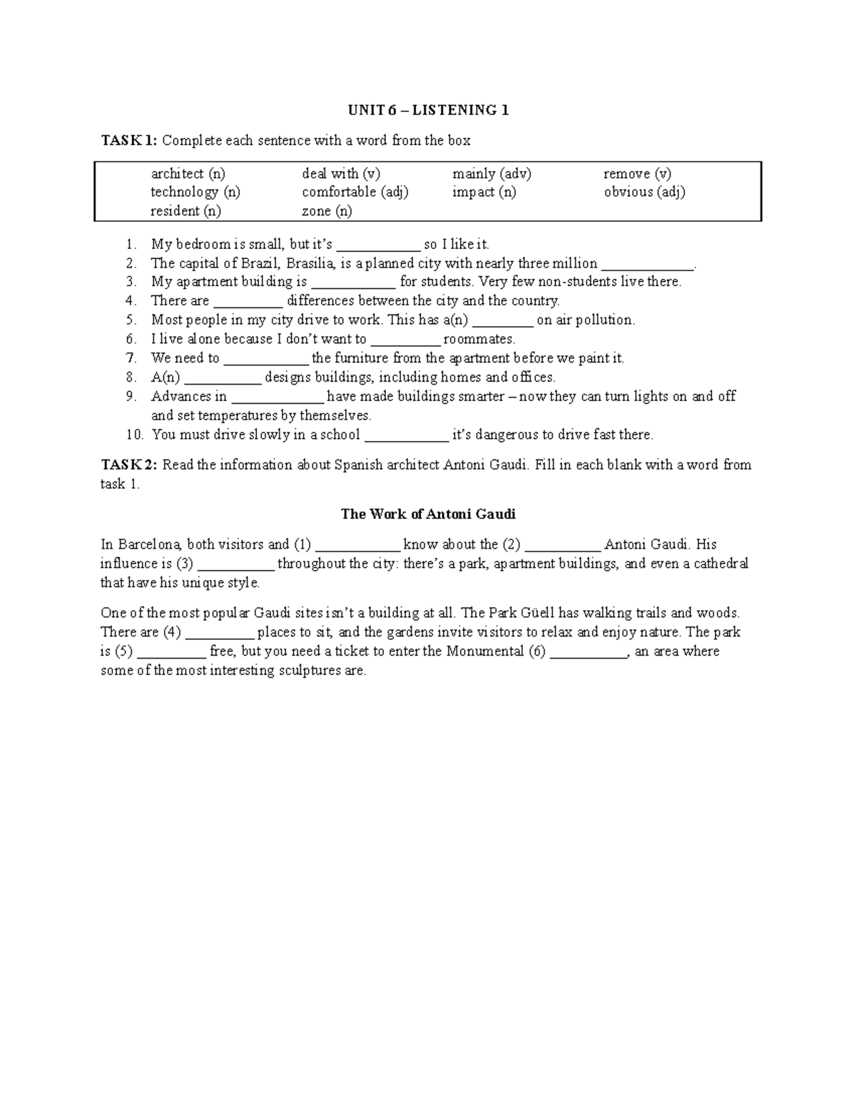Unit 6 Handout 3 Sdasgagvzx Unit 6 Listening 1 Task 1 Complete
