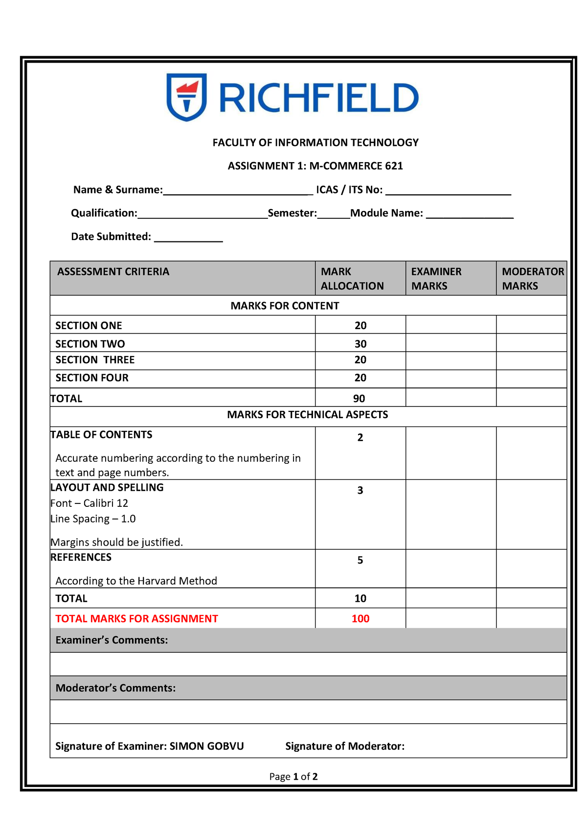 M Commerce 621 Assignment 1 - Page 1 of 2 FACULTY OF INFORMATION ...