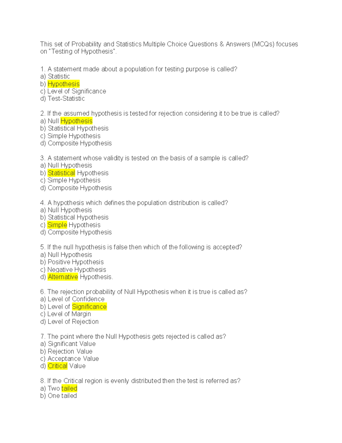 This set of Probability and Statistics Multiple Choice Questions - key ...