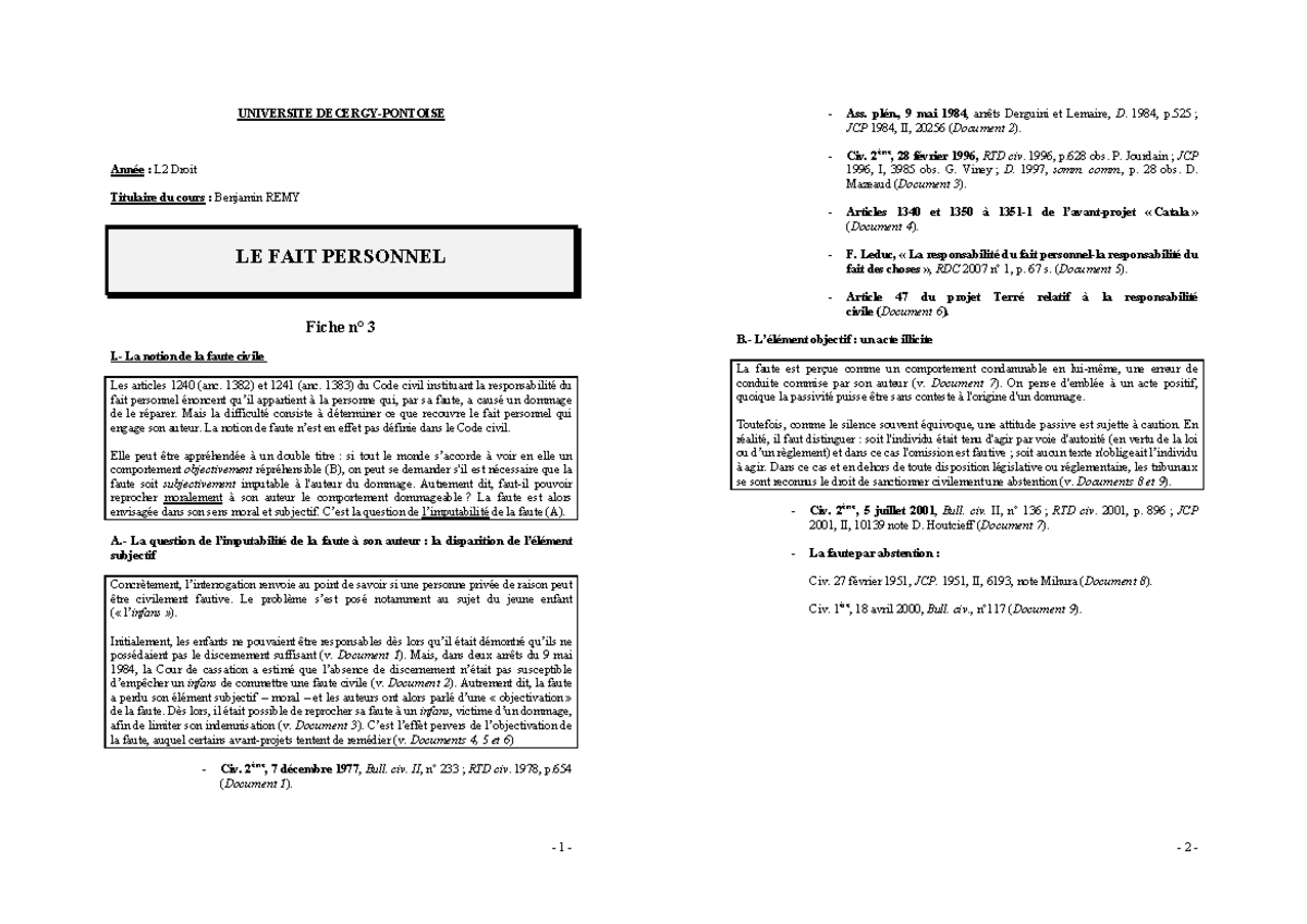 Droit civil des obligations B REMY - L2 - Fiche TD 3 - UNIVERSITE