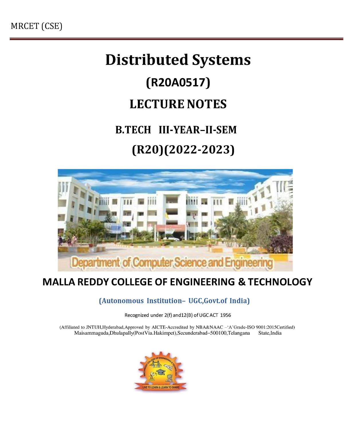 Distributed Systems(R20A0517) - Distributed Systems (R20A0517) LECTURE ...