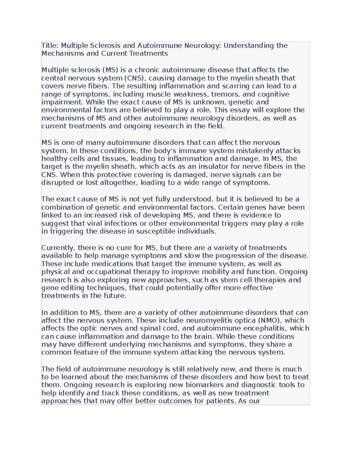 Multiple Sclerosis and Autoimmune Neurology Understanding the