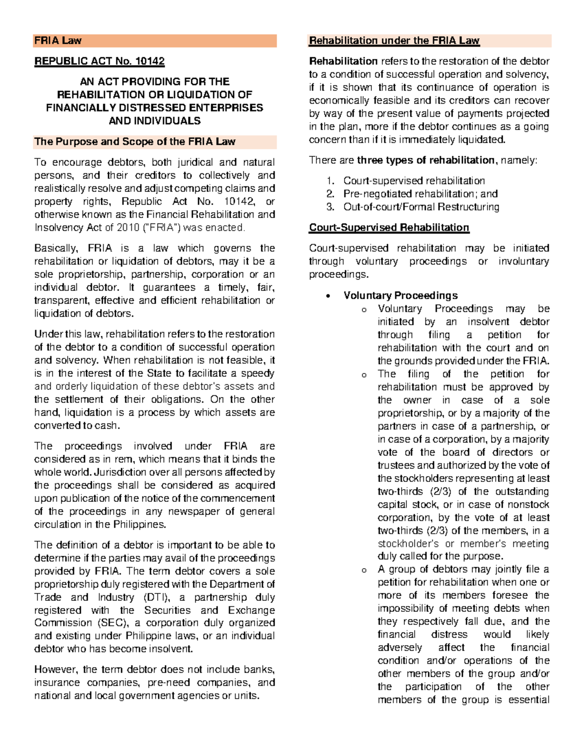 FRIA Law - .... - FRIA Law REPUBLIC ACT No. 10142 AN ACT PROVIDING FOR ...
