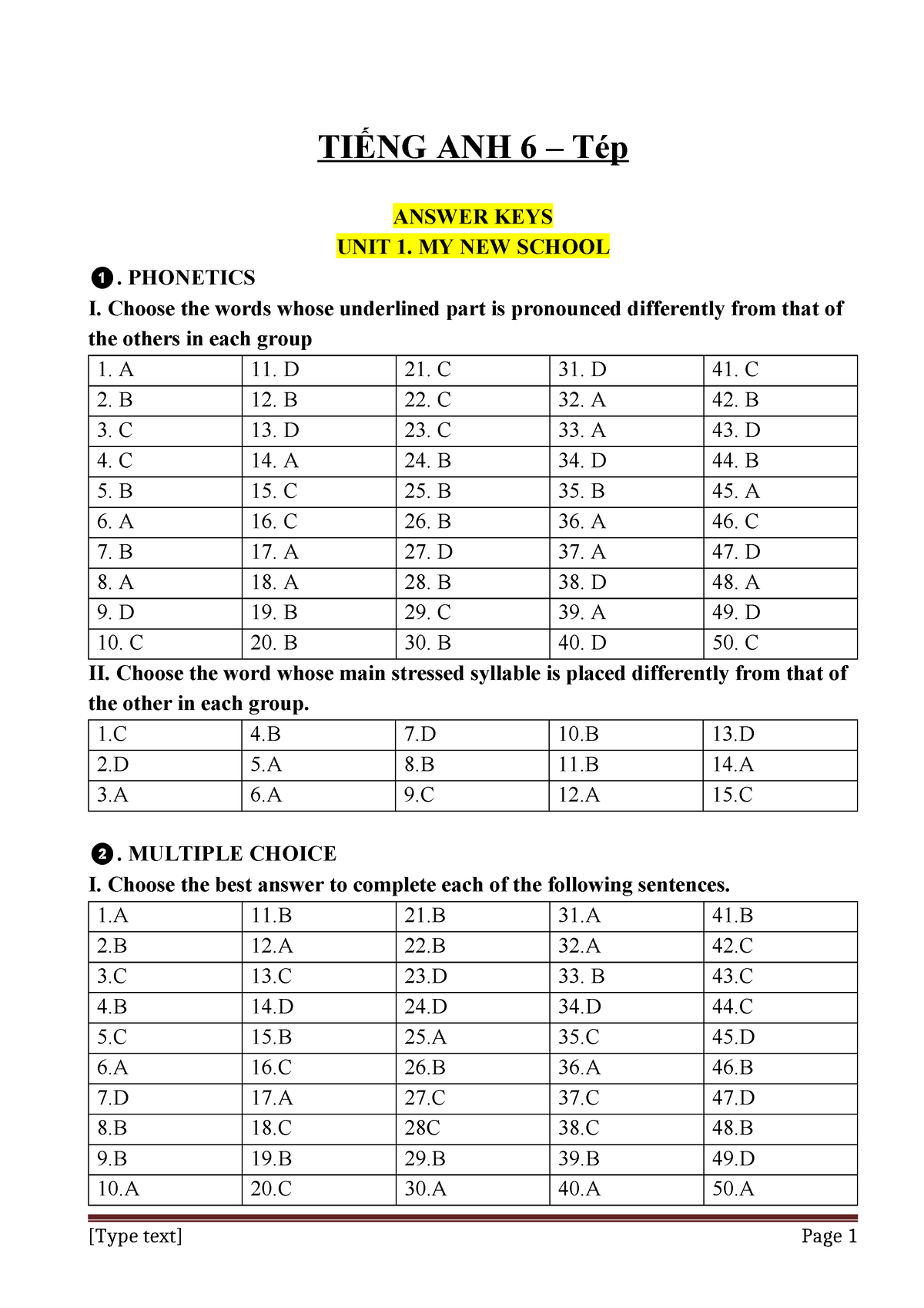 TIẾNG ANH 6- Key U1-6 - Adsad - TIẾNG ANH 6 – Tép ANSWER KEYS UNIT 1 ...