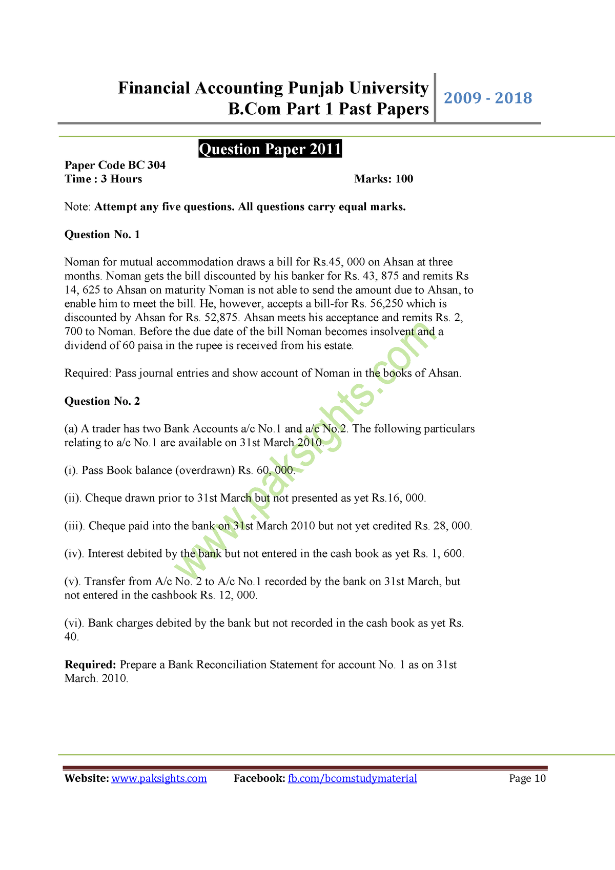 Financial Accounting Punjab University B - B Part 1 Past Papers 2009 ...