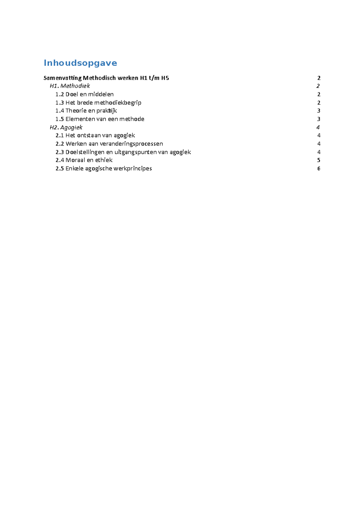 Samenvatting Methodisch Werken - H 1 & 2 Samenvatting - Inhoudsopgave ...