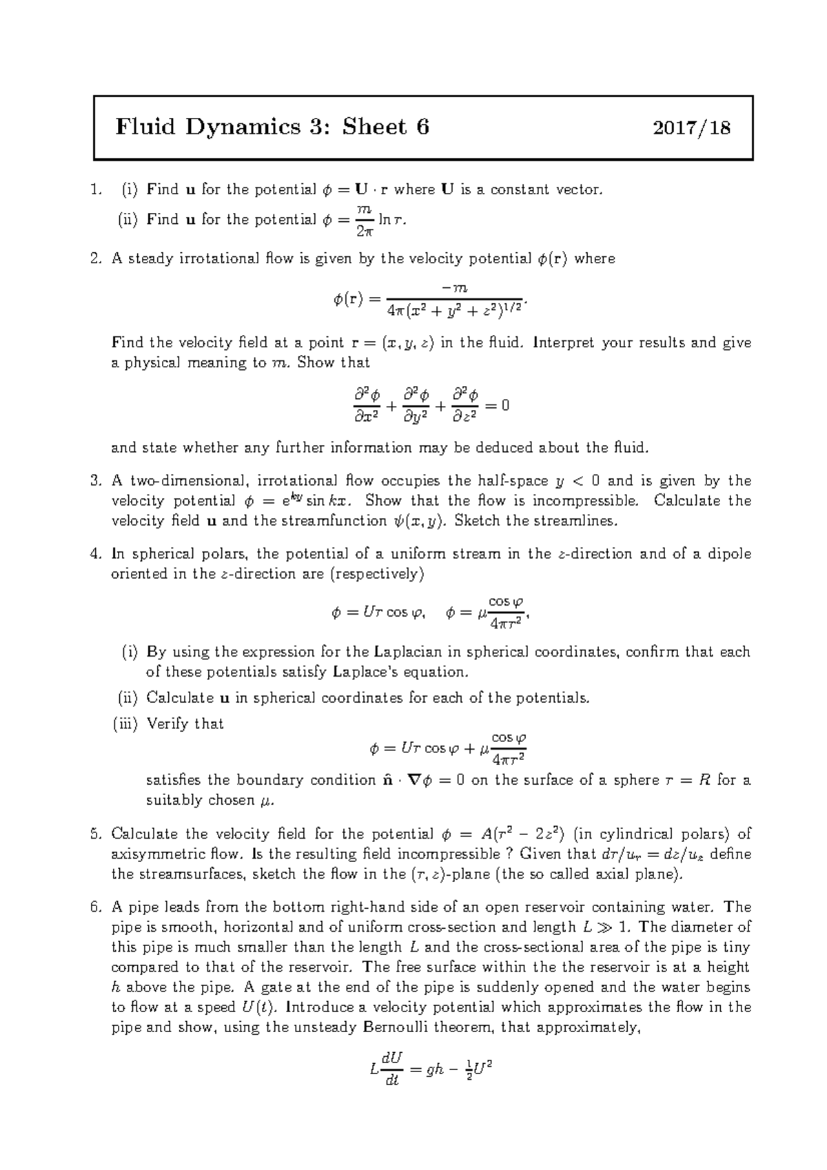 MATH33200 2017-2018 Problem Sheet 6 - Fluid Dynamics 3: Sheet 6 1. 2017 ...