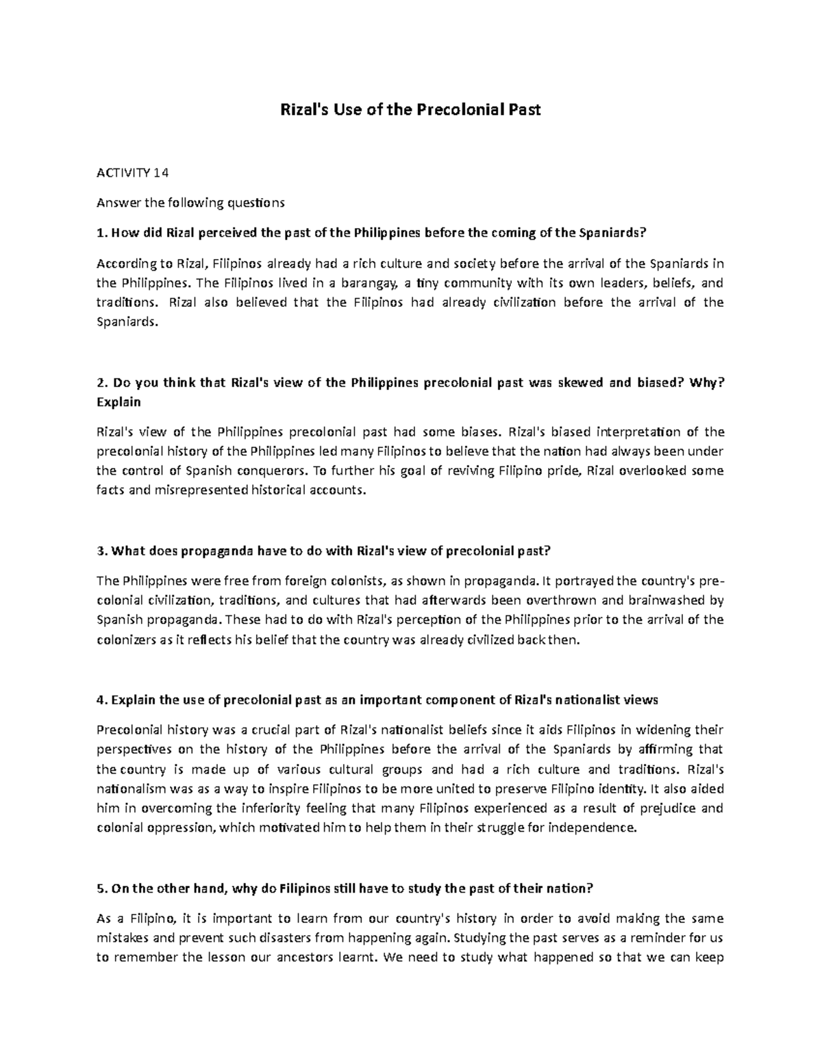 R14 - R14 RIZAL - Rizal's Use of the Precolonial Past ACTIVITY 14 ...