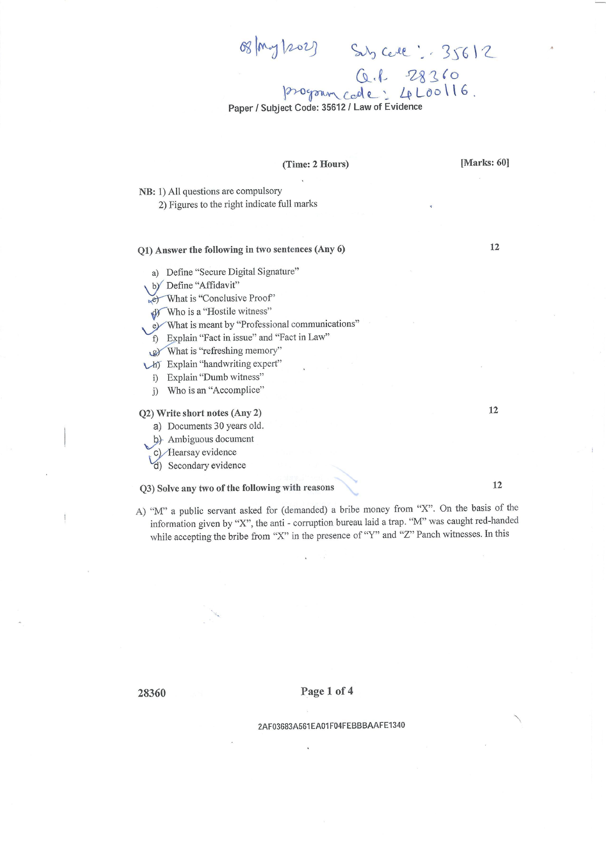 Law Of Evidence 35612 SEM-6 LLB 3 Yr Question Paper May 2023 ...