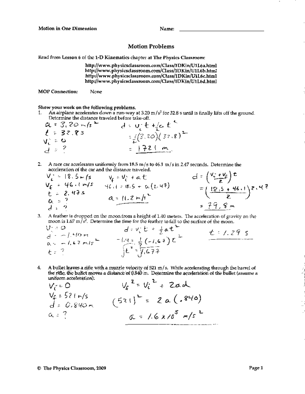 Motion problems answers - Motion in One Dimension Name: Motion Problems ...